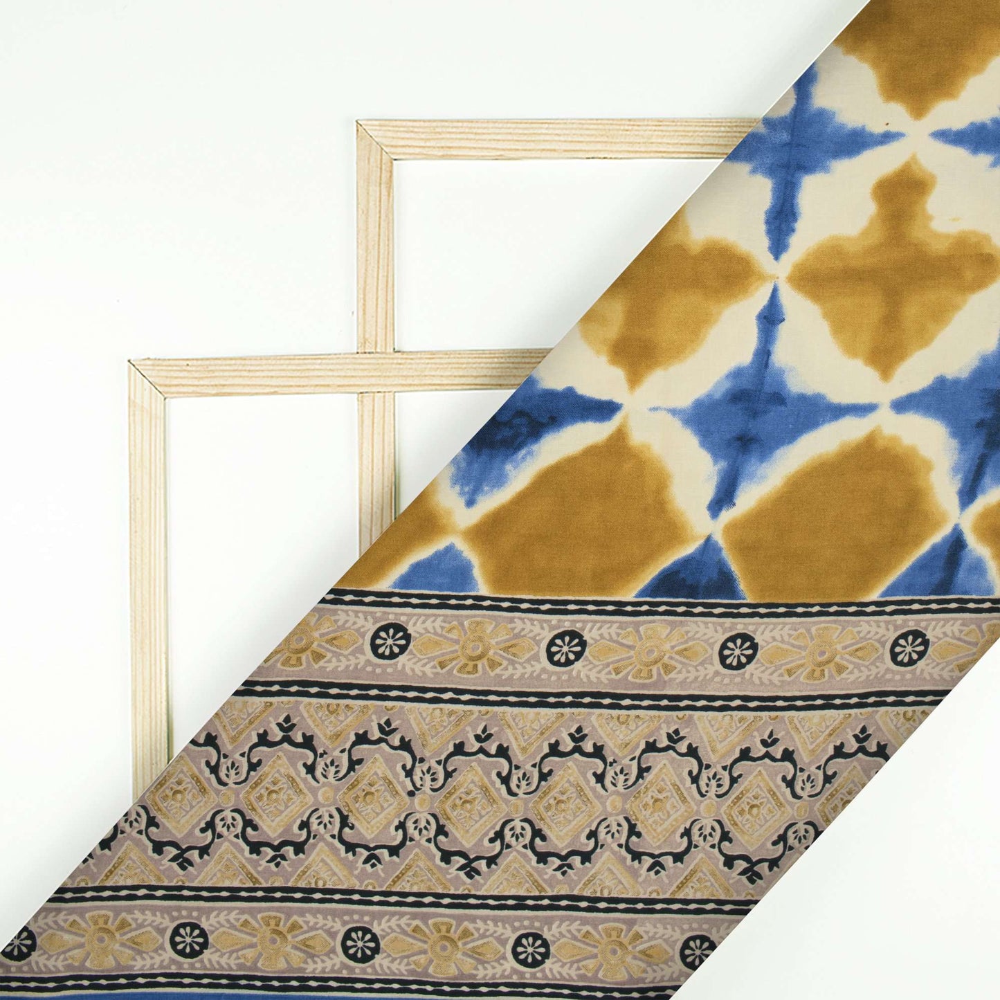 Blue And Mustard Yellow Shibori Pattern Screen Print Modal Satin Fabric - Fabcurate