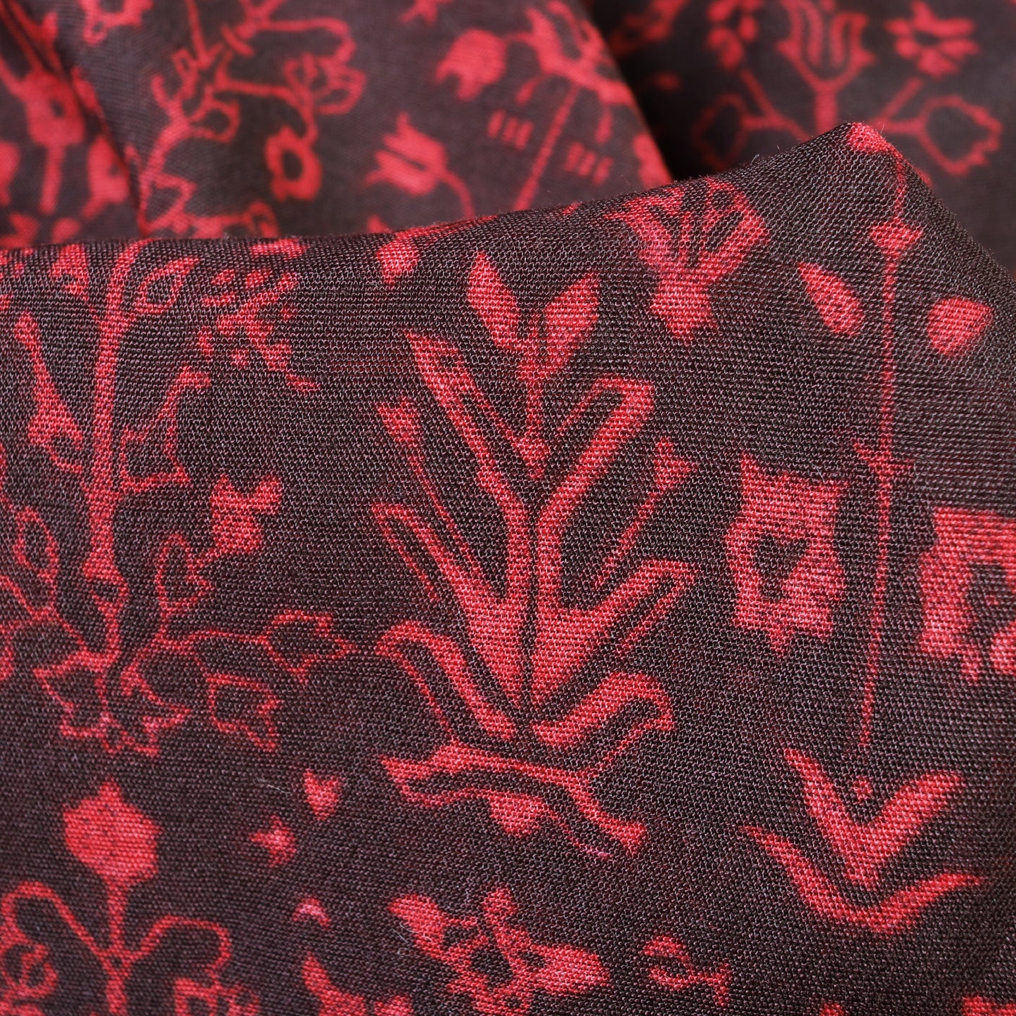Black And Red Floral Pattern Screen Print Chanderi Fabric - Fabcurate