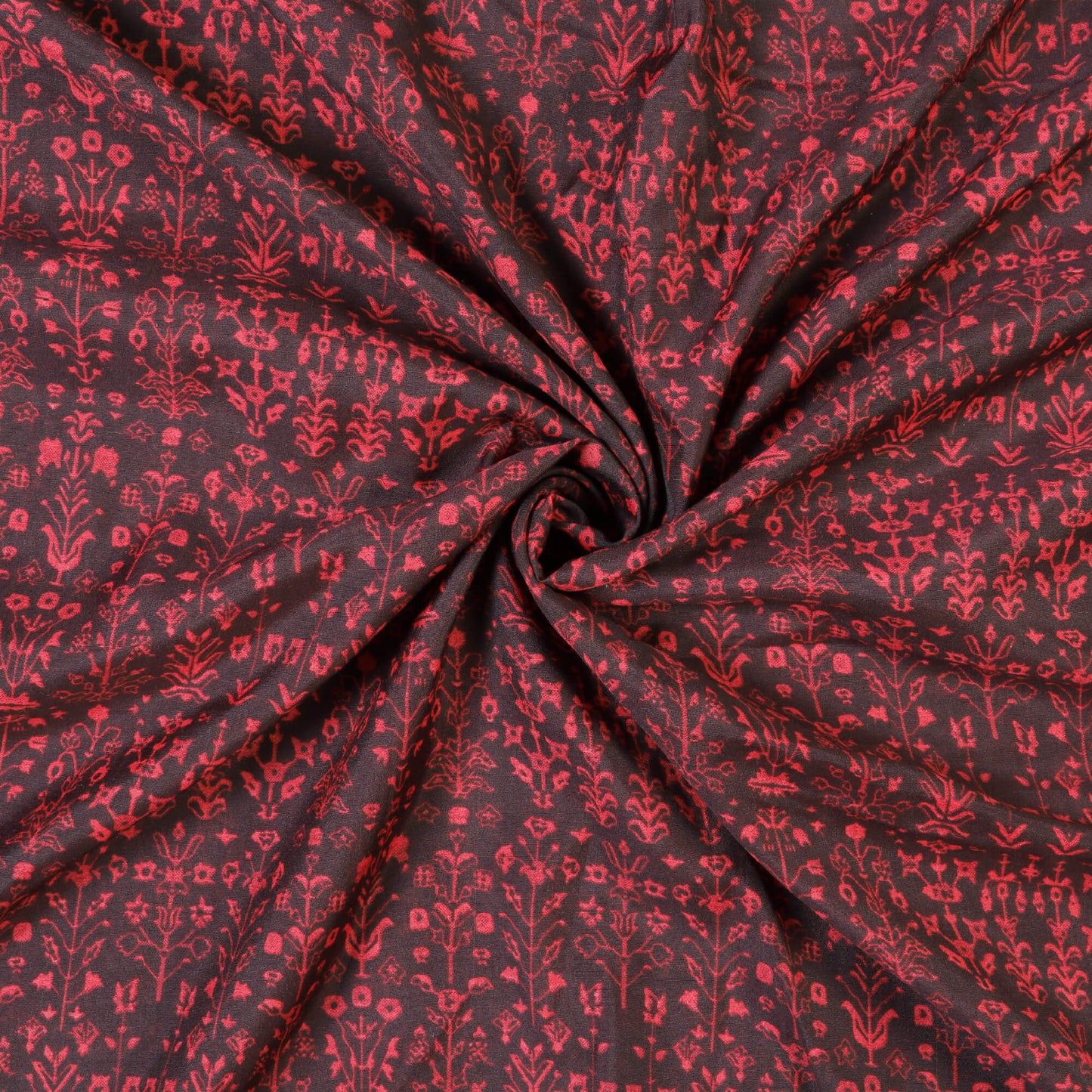 Black And Red Floral Pattern Screen Print Chanderi Fabric - Fabcurate