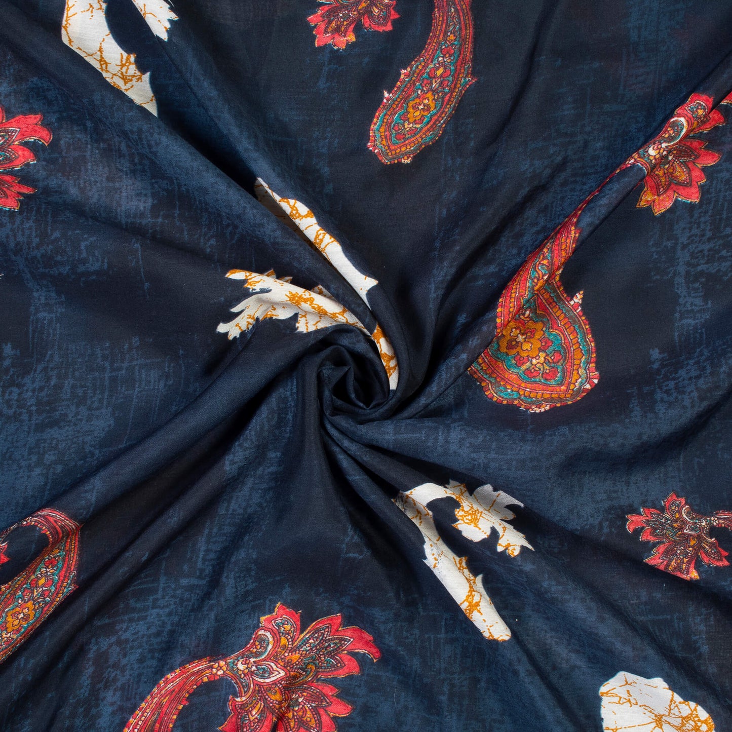 Dark Grey And Red Paisely Pattern Screen Print Chanderi Fabric - Fabcurate