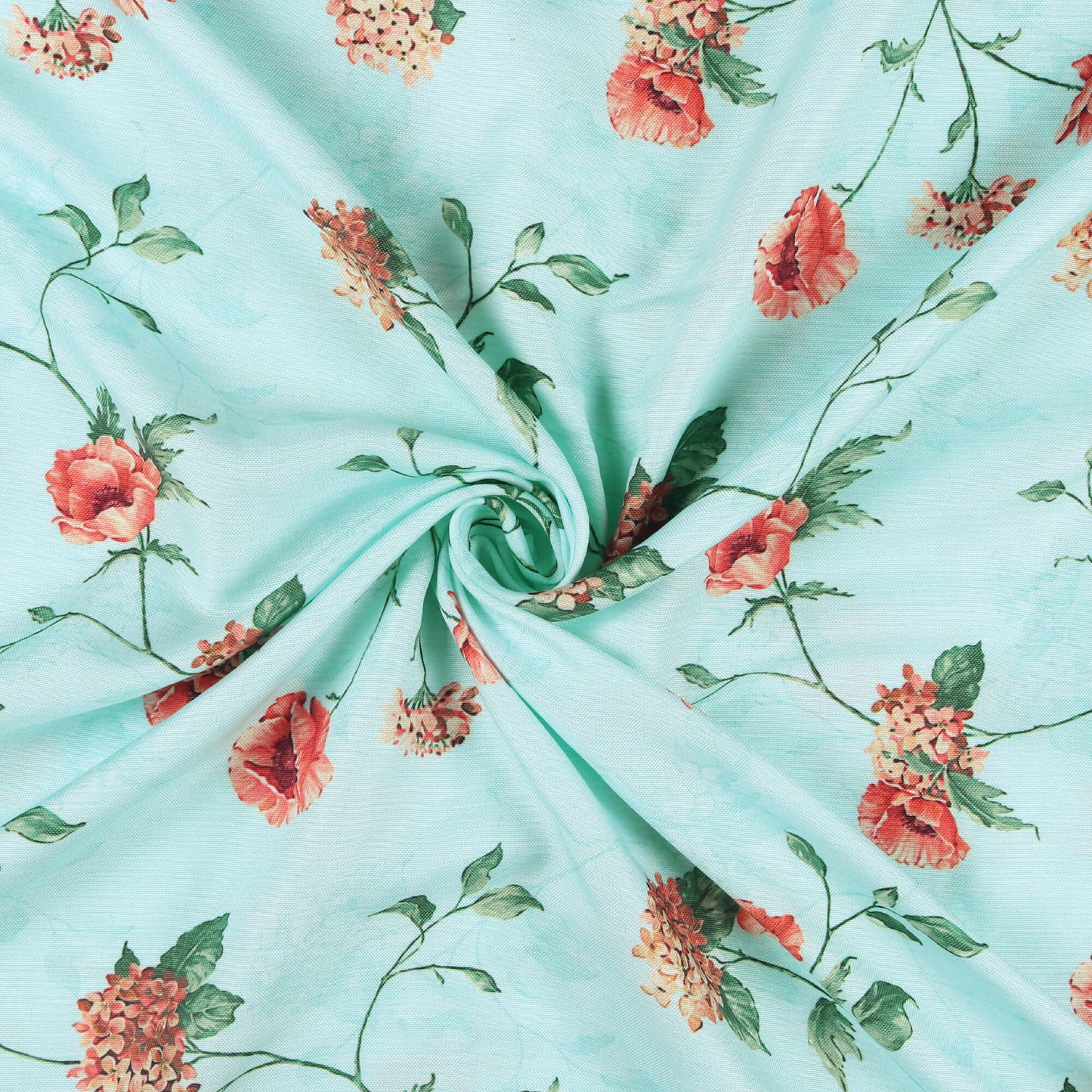 Pale Turquoise And Orange Floral Pattern Digital Print Poly Rayon Fabric (Width 58 Inches)