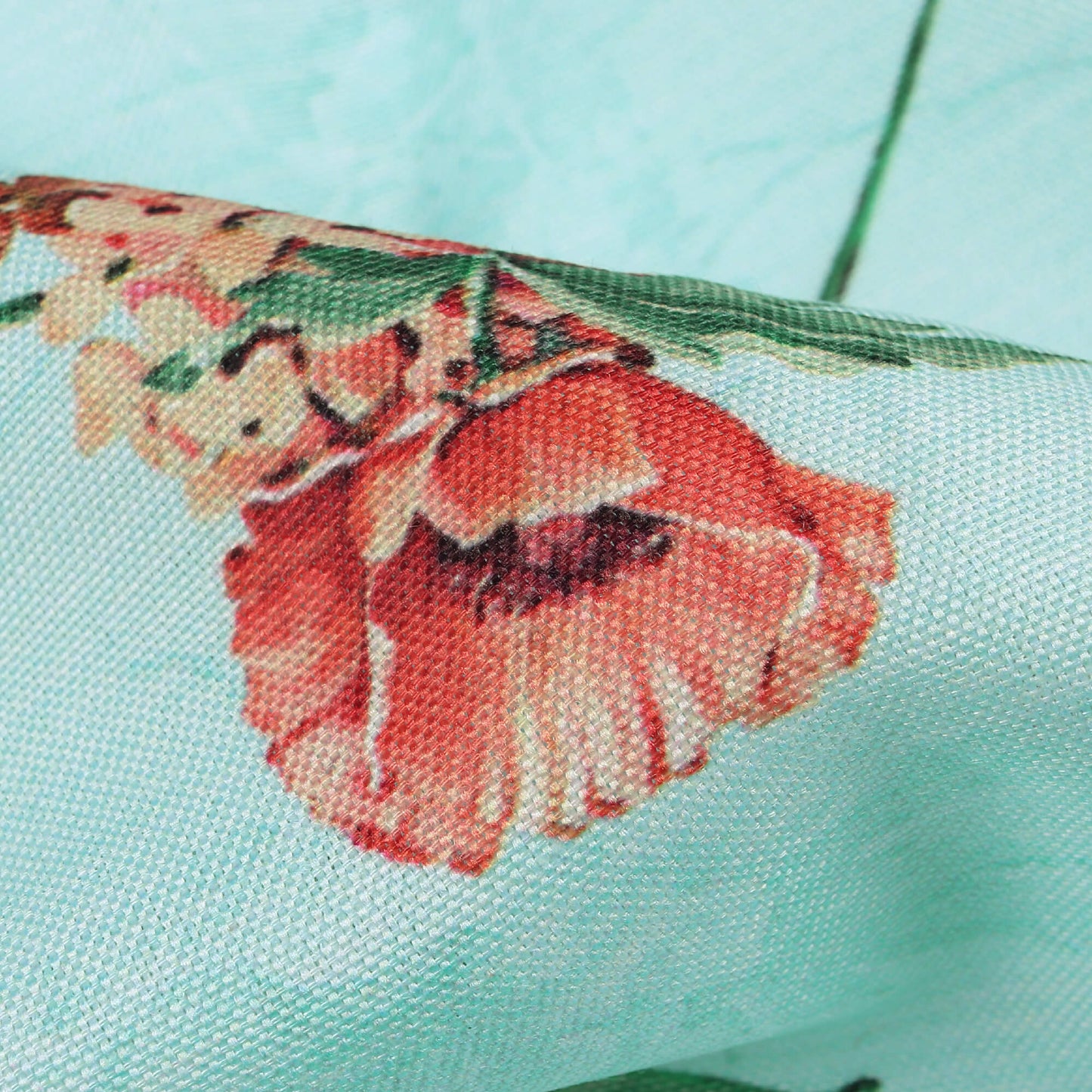 Pale Turquoise And Orange Floral Pattern Digital Print Poly Rayon Fabric (Width 58 Inches)