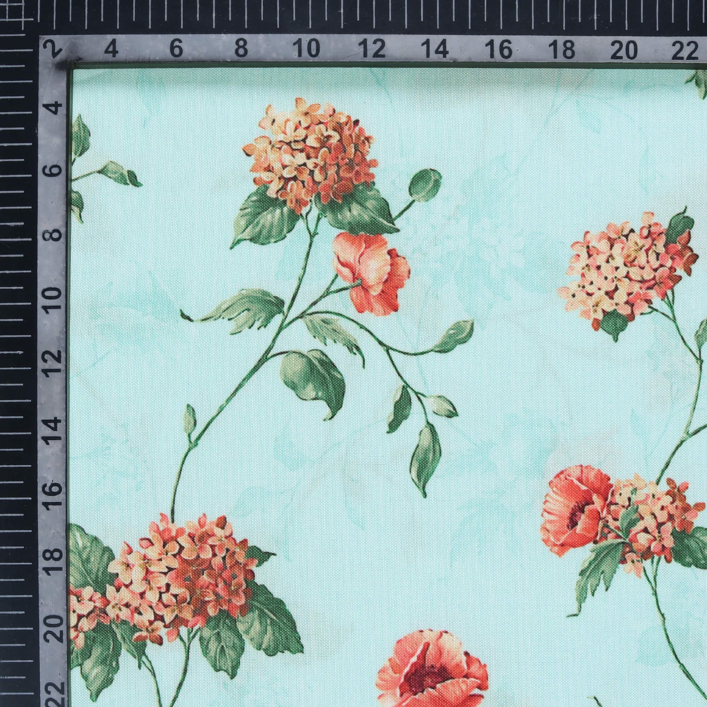 Pale Turquoise And Orange Floral Pattern Digital Print Poly Rayon Fabric (Width 58 Inches)
