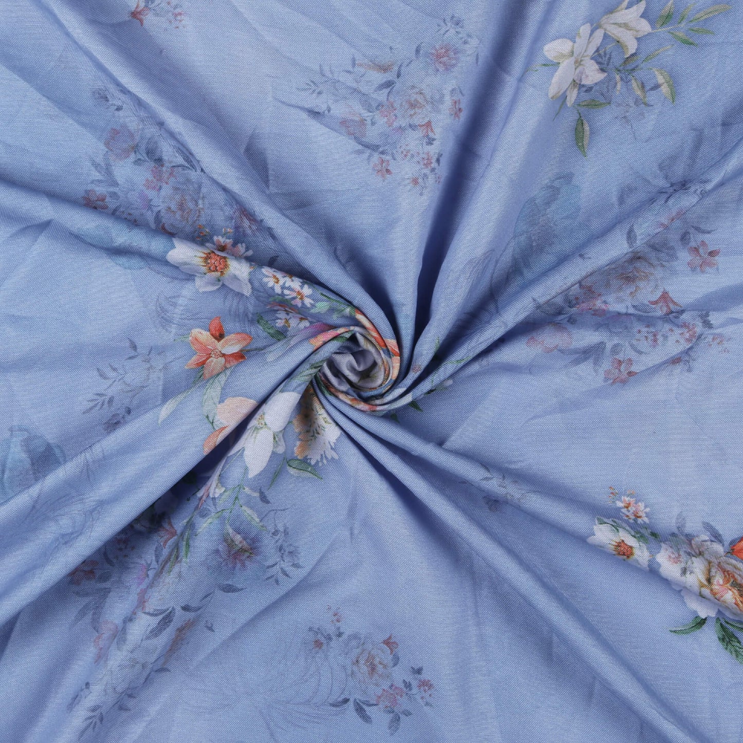 Chetwode Blue And White Floral Pattern Digital Print Poly Rayon Fabric (Width 58 Inches)