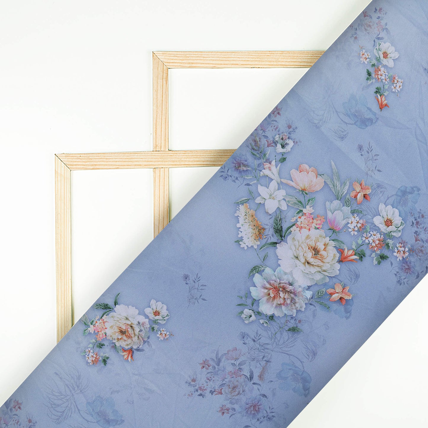 Chetwode Blue And White Floral Pattern Digital Print Poly Rayon Fabric (Width 58 Inches)