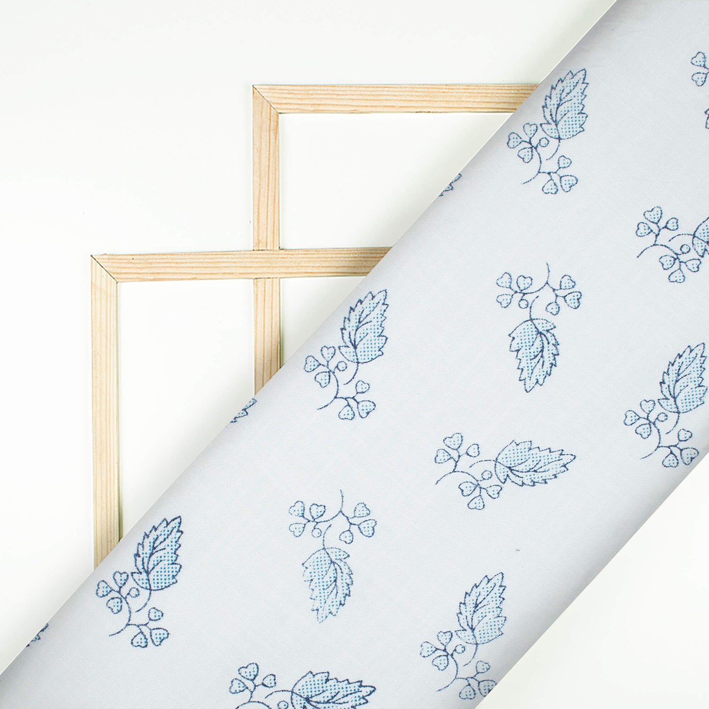 White And Jordy Blue Leaf Pattern Printed Poly Spun Exclusive Shirting Fabric (Width 36 Inches)
