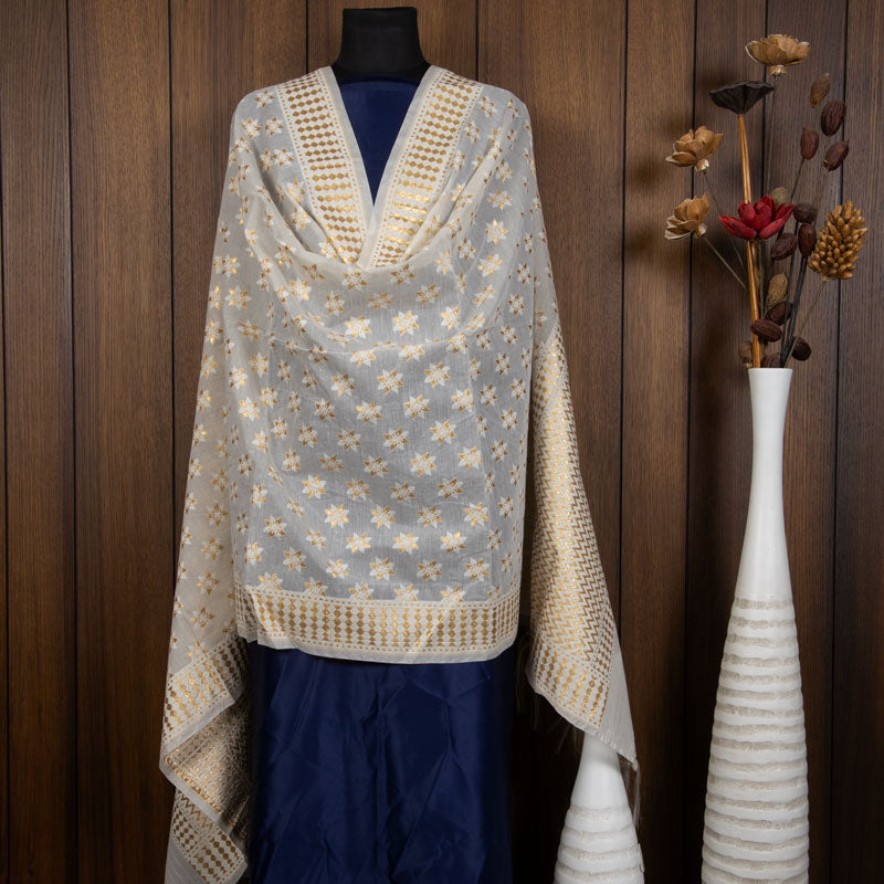 White Ethnic Pattern Cotton Jari Jacquard Dupatta