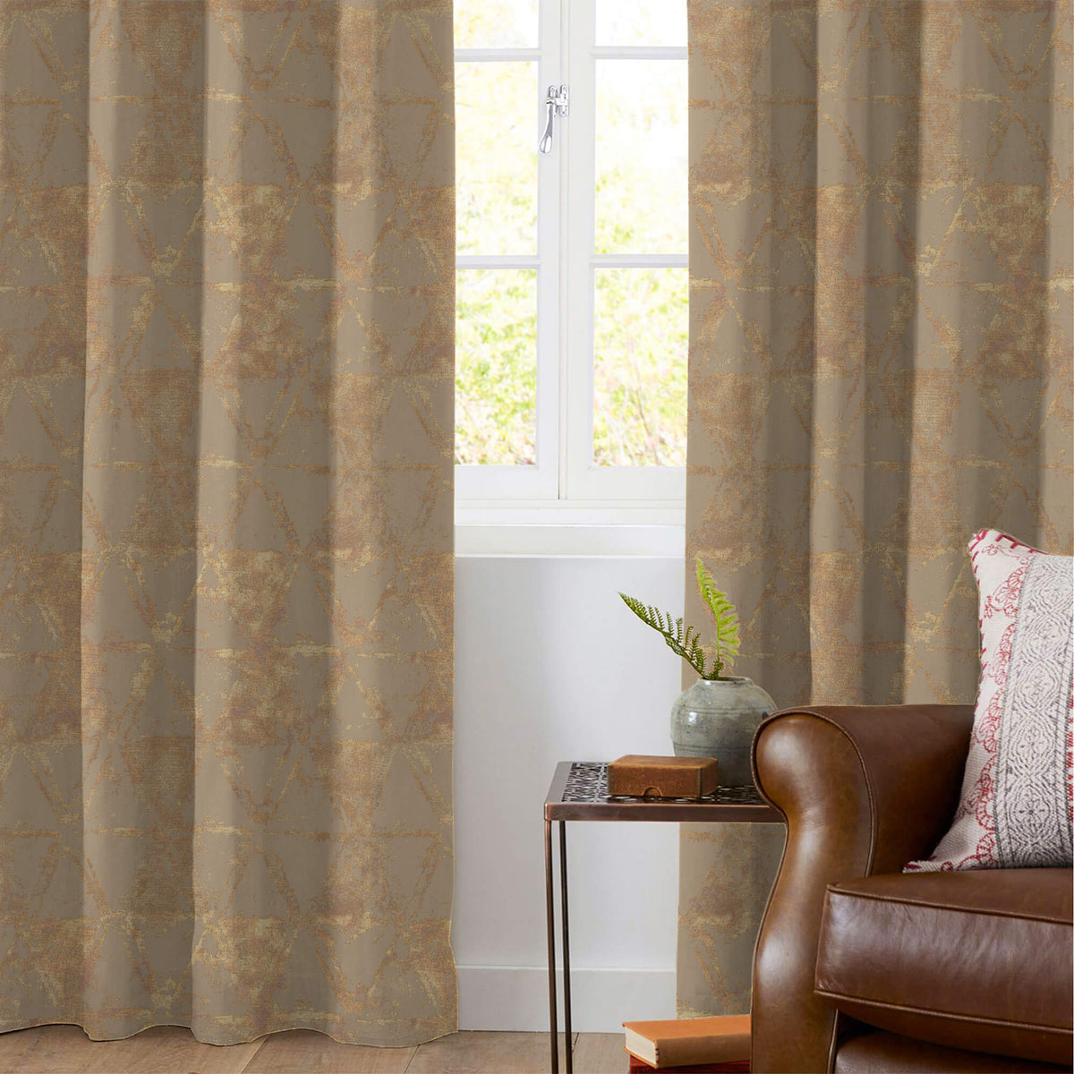 Rustic Taupe Brown Geometric Pattern Golden Foil Premium Curtain Fabric (Width 54 Inches)