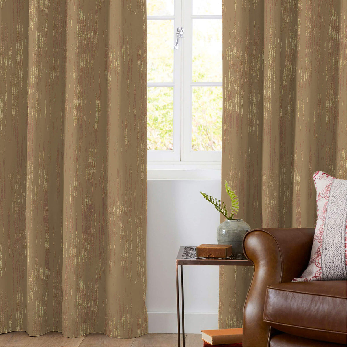 Tawny Brown Textured Golden Foil Premium Curtain Fabric (Width 54 Inches)