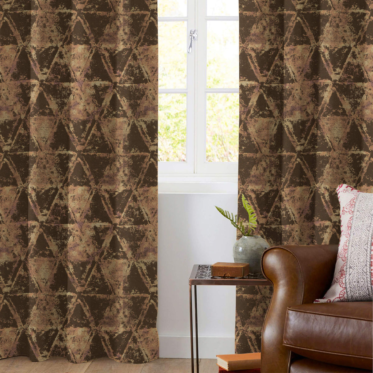 Umber Brown Geometric Pattern Golden Foil Premium Curtain Fabric (Width 54 Inches)
