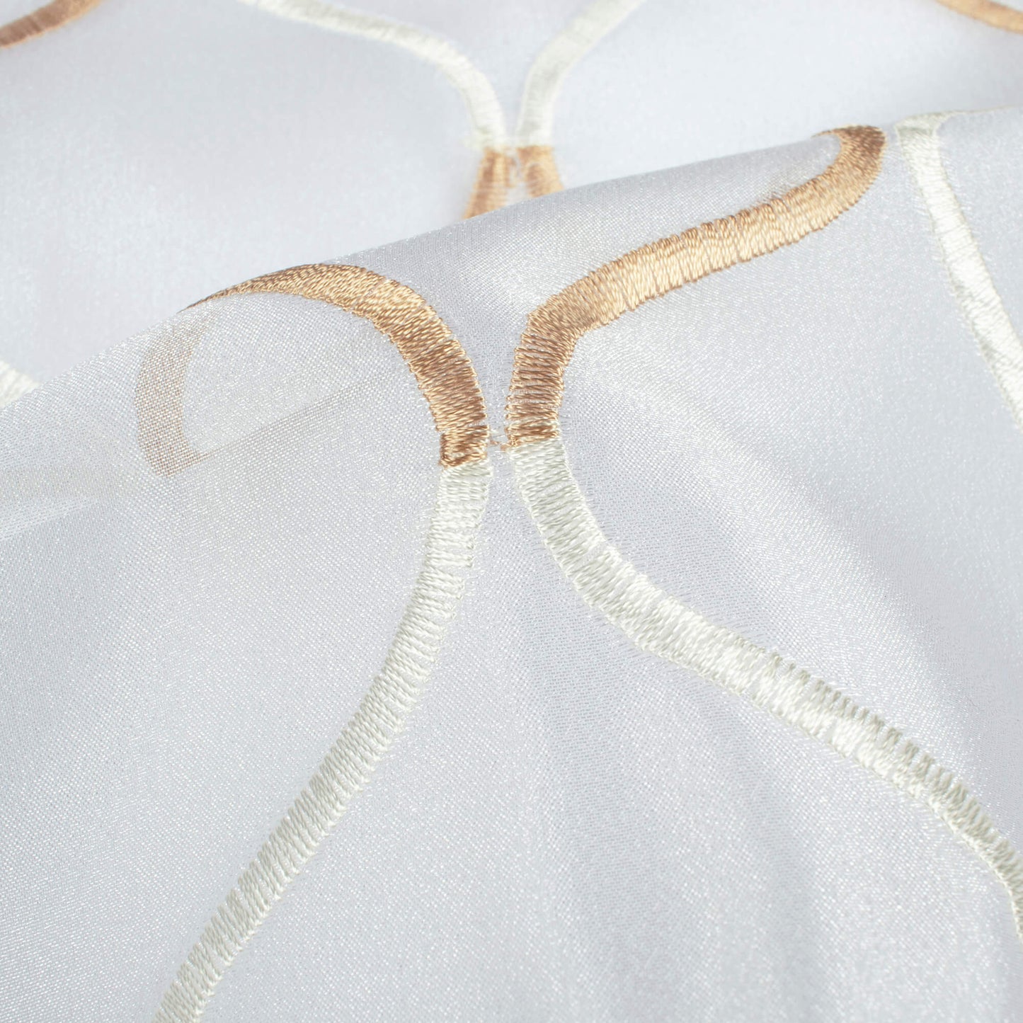 White And Tan Brown Trellis Pattern Embroidery Organza Tissue Premium Sheer Fabric (Width 48 Inches)
