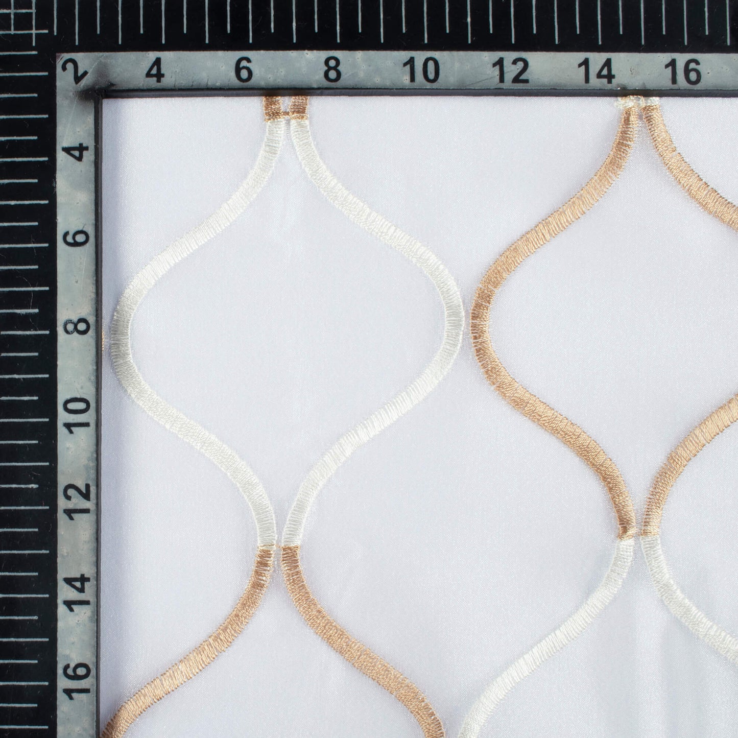 White And Tan Brown Trellis Pattern Embroidery Organza Tissue Premium Sheer Fabric (Width 48 Inches)