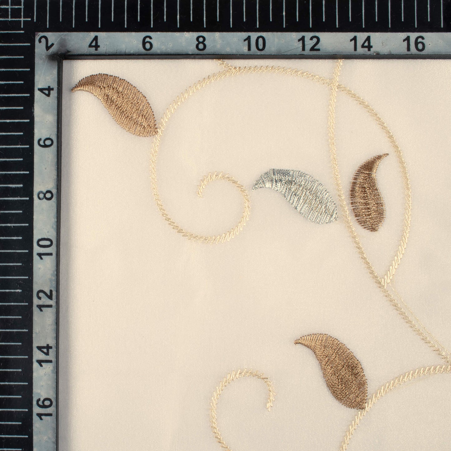 Oatmeal Beige And Tan Brown Floral Pattern Silver Zari Embroidery Organza Tissue Premium Sheer Fabric (Width 48 Inches)