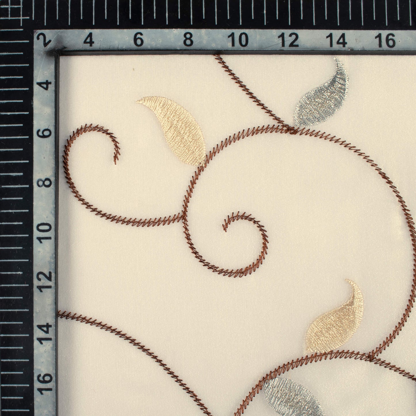 Oatmeal Beige And Coffee Brown Floral Pattern Silver Zari Embroidery Organza Tissue Premium Sheer Fabric (Width 48 Inches)