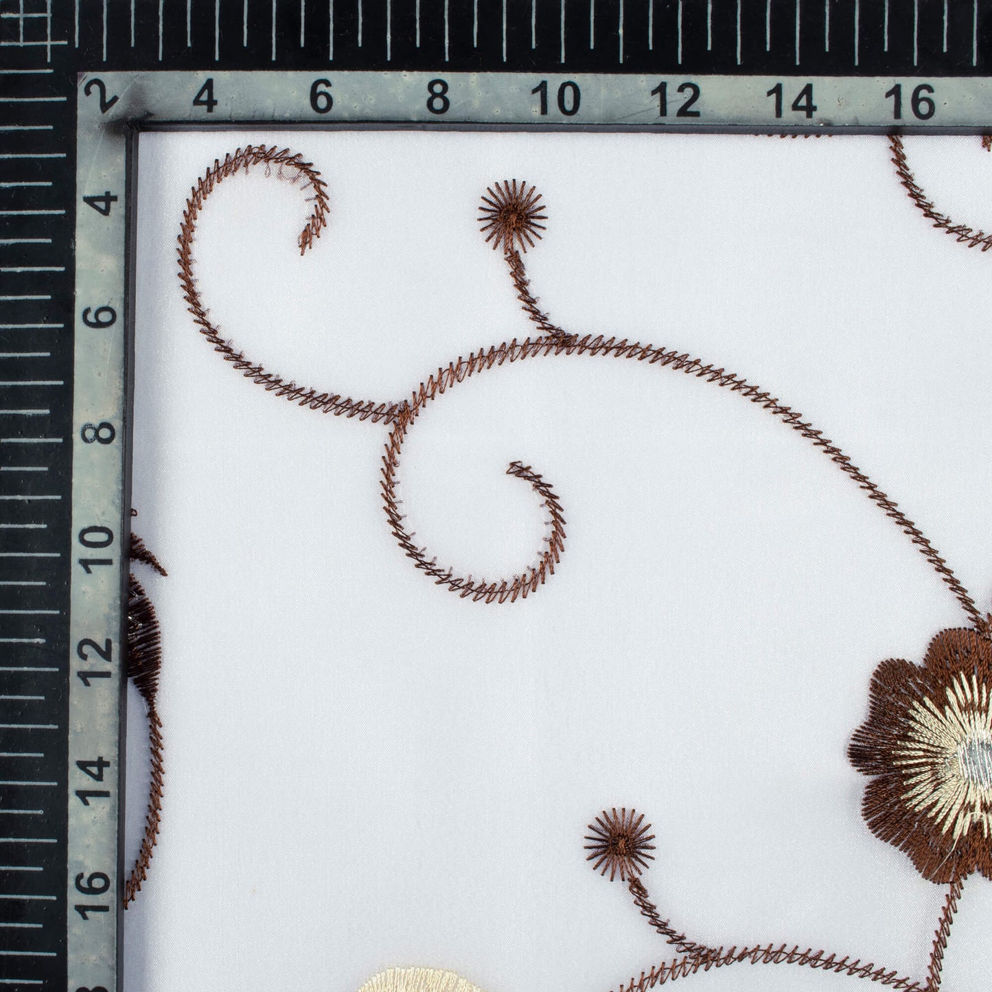 White And Coffee Brown Floral Pattern Silver Zari Embroidery Organza Tissue Premium Sheer Fabric (Width 48 Inches)
