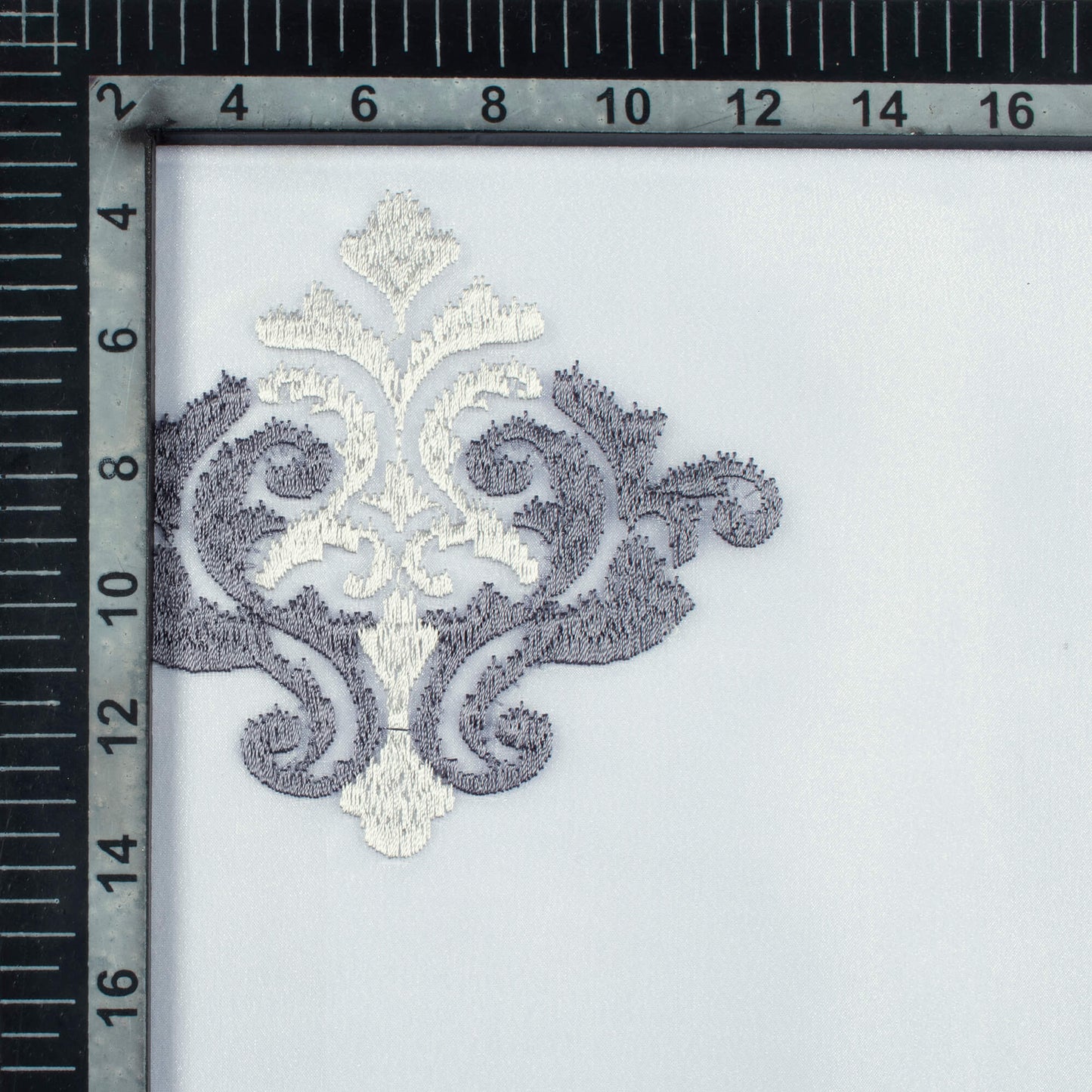 White And Slate Grey Ethnic Pattern Embroidery Organza Tissue Premium Sheer Fabric (Width 48 Inches)