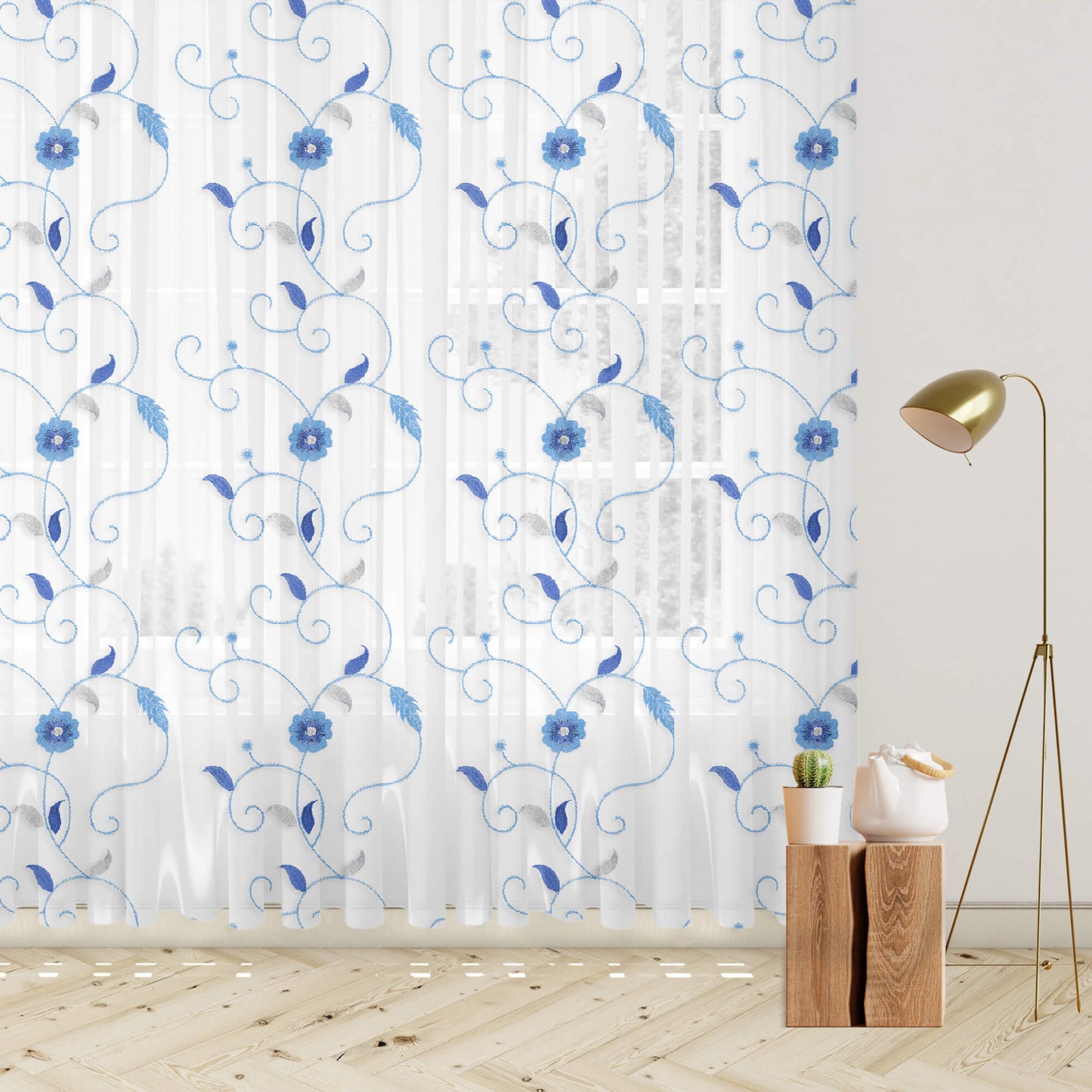 White And Royal Blue Floral Pattern Silver Zari Embroidery Organza Tissue Premium Sheer Fabric (Width 48 Inches)