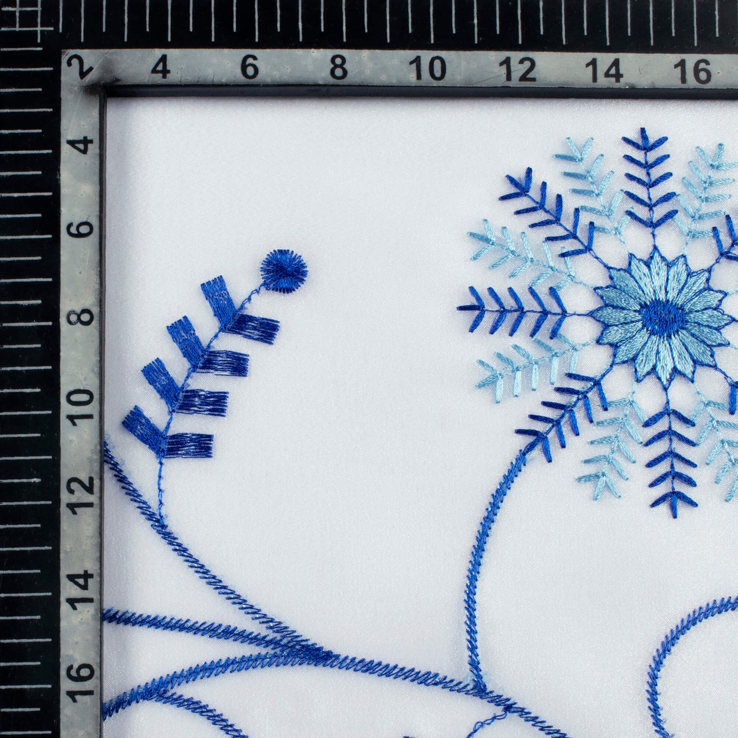 White And Royal Blue Floral Pattern Embroidery Organza Tissue Premium Sheer Fabric (Width 48 Inches)