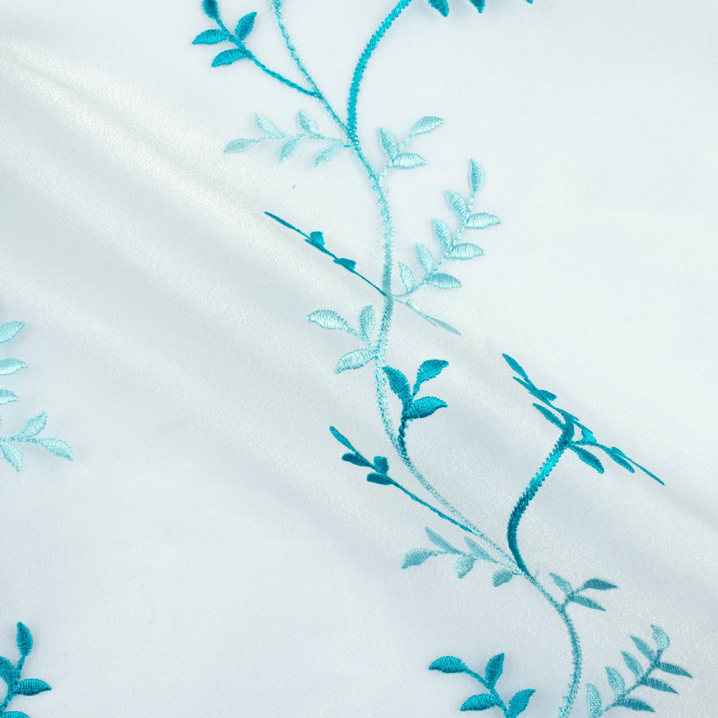 White And Teal Blue Embroidery Organza Tissue Premium Sheer Fabric (Width 48 Inches)