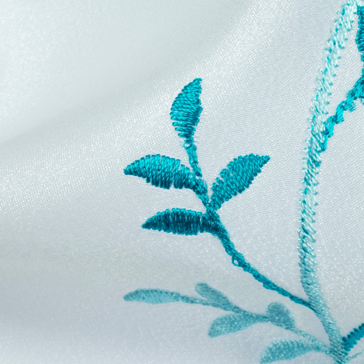 White And Teal Blue Embroidery Organza Tissue Premium Sheer Fabric (Width 48 Inches)