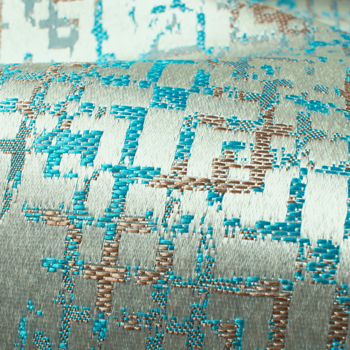 White And Teal Blue Geometric Pattern Jacquard Premium Curtain Fabric (Width 48 Inches)