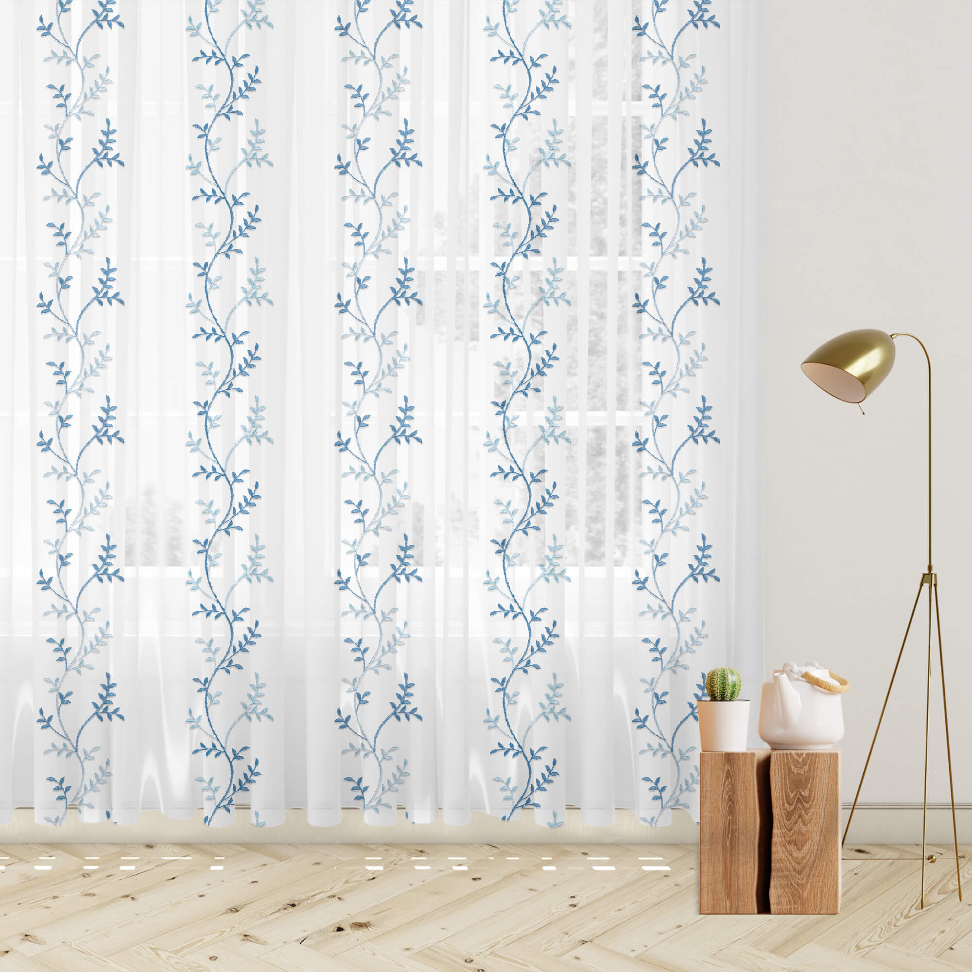  Sheer Curtains Blue 45 Inches Embroidered Wave Diamond