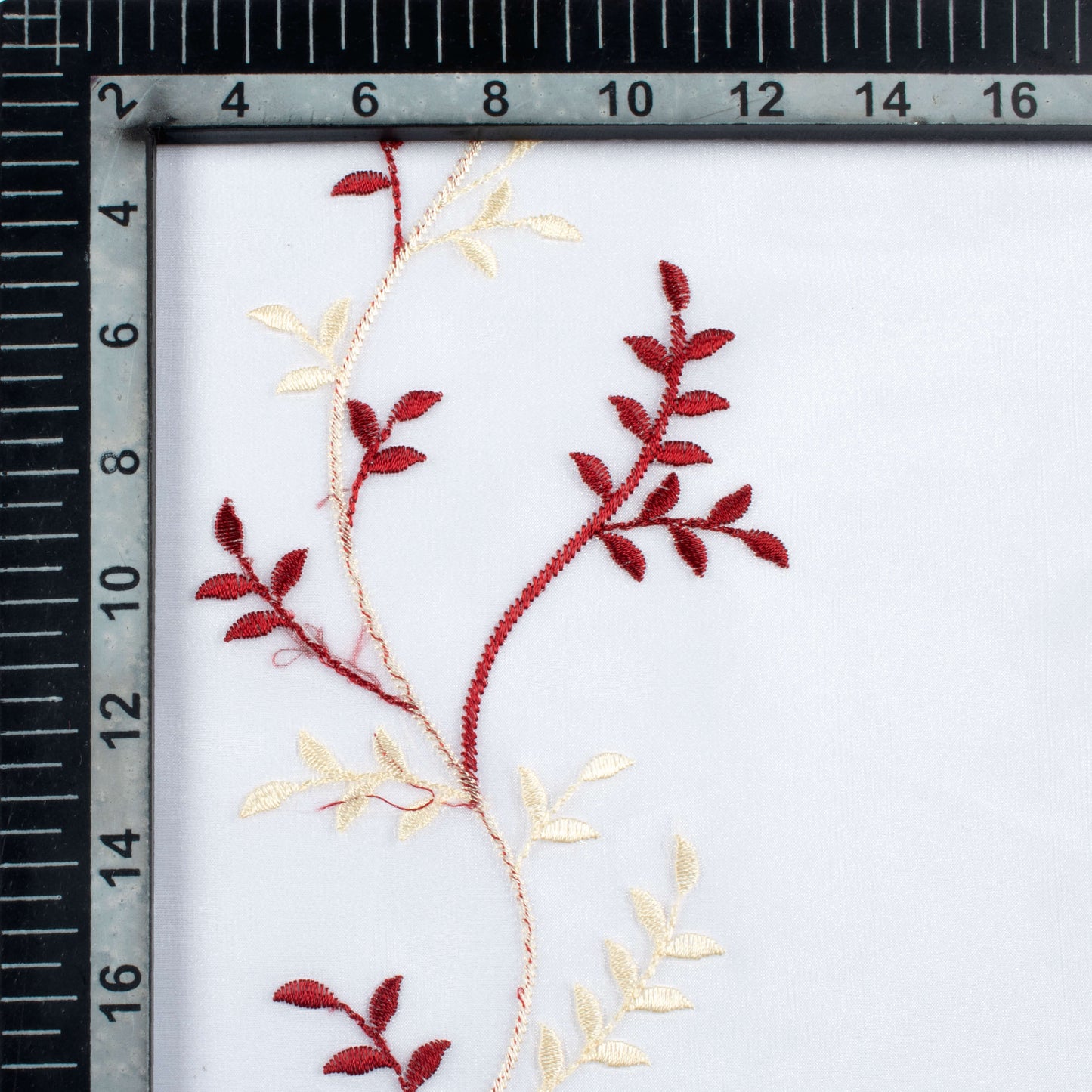 White And Red Embroidery Organza Tissue Premium Sheer Fabric (Width 48 Inches)