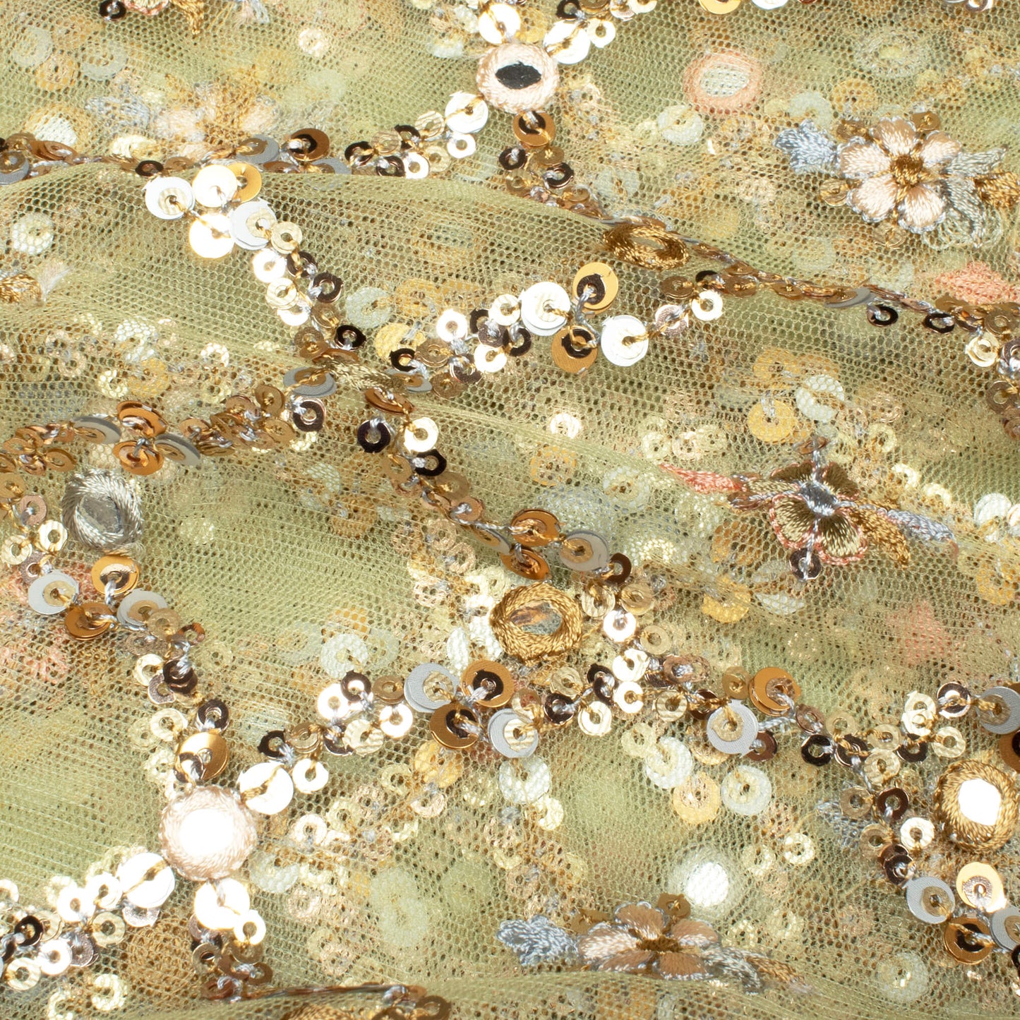 Moss Green And Peach Traditional Pattern Premium Sequins Embroidery With Foil Mirror Work Net Fabric (Width 56 Inches)