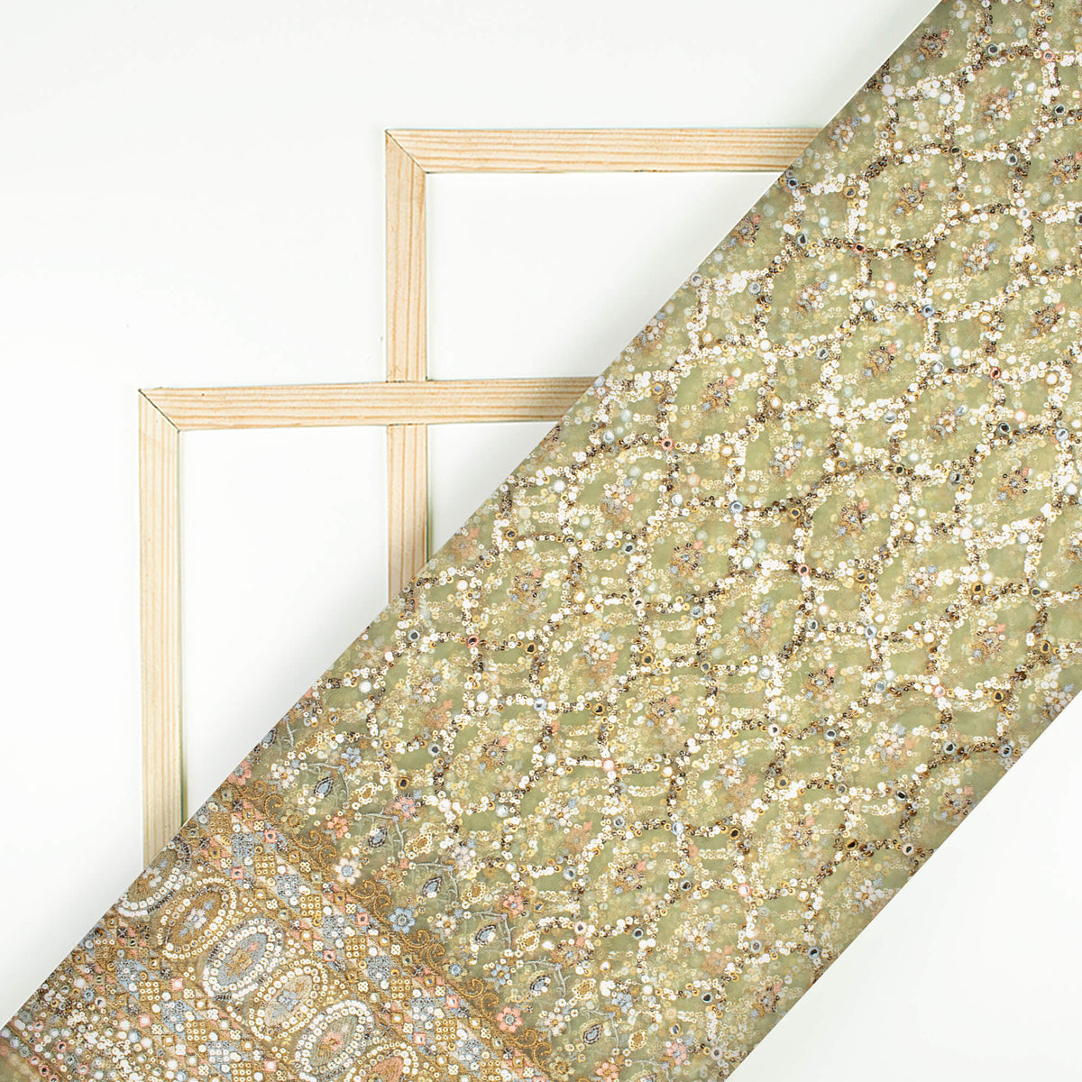 Moss Green And Peach Traditional Pattern Premium Sequins Embroidery With Foil Mirror Work Net Fabric (Width 56 Inches)