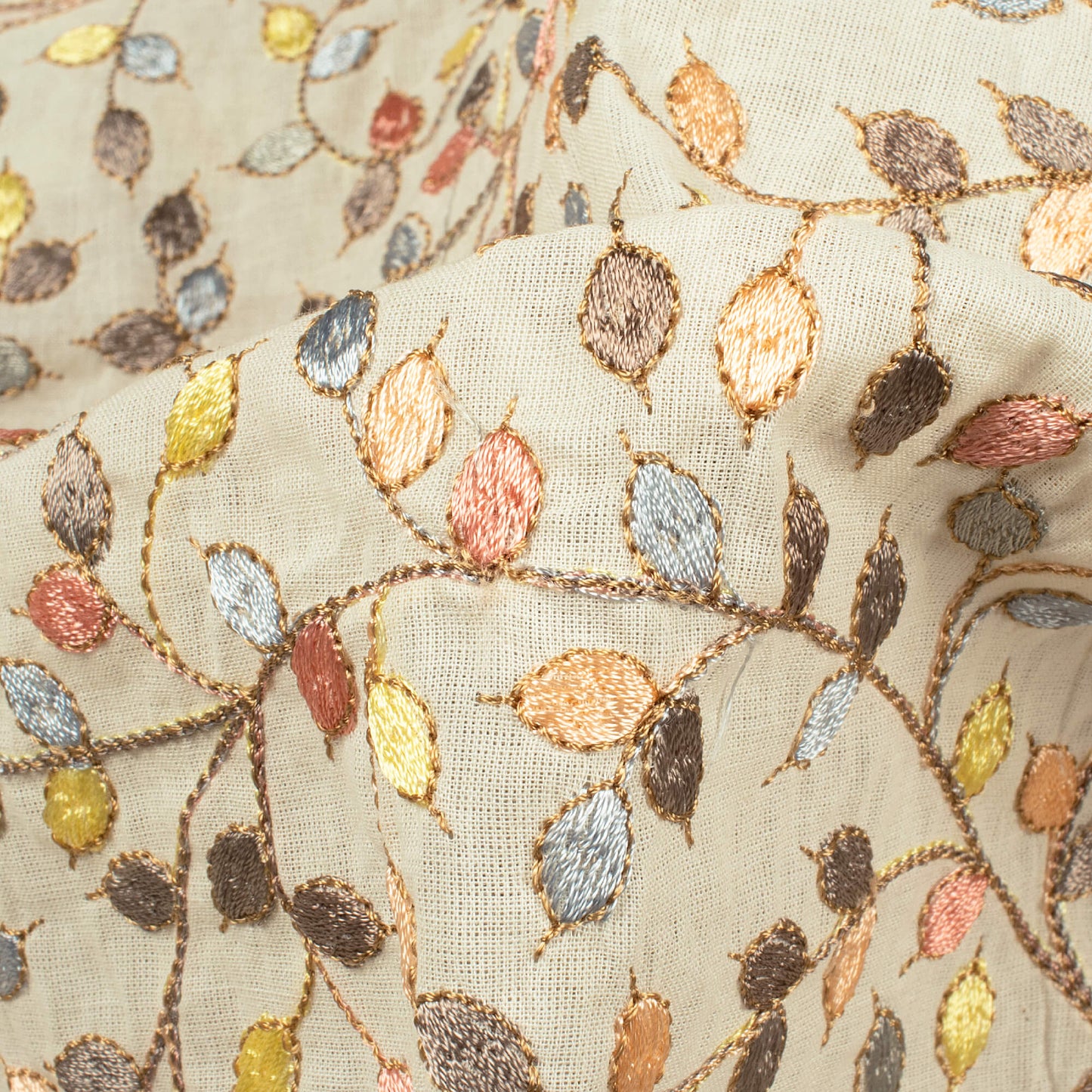 White And Peach Floral Pattern Exclusive Embroidery Dyeable Cotton Fabric