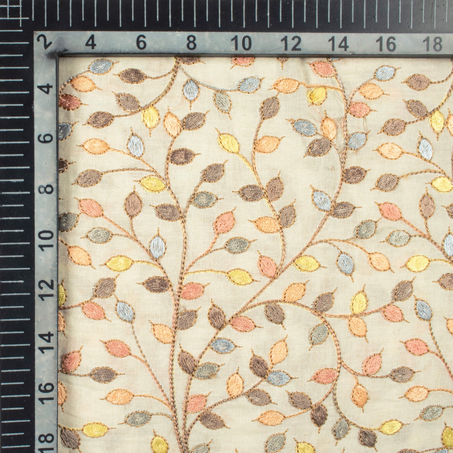 White And Peach Floral Pattern Exclusive Embroidery Dyeable Cotton Fabric