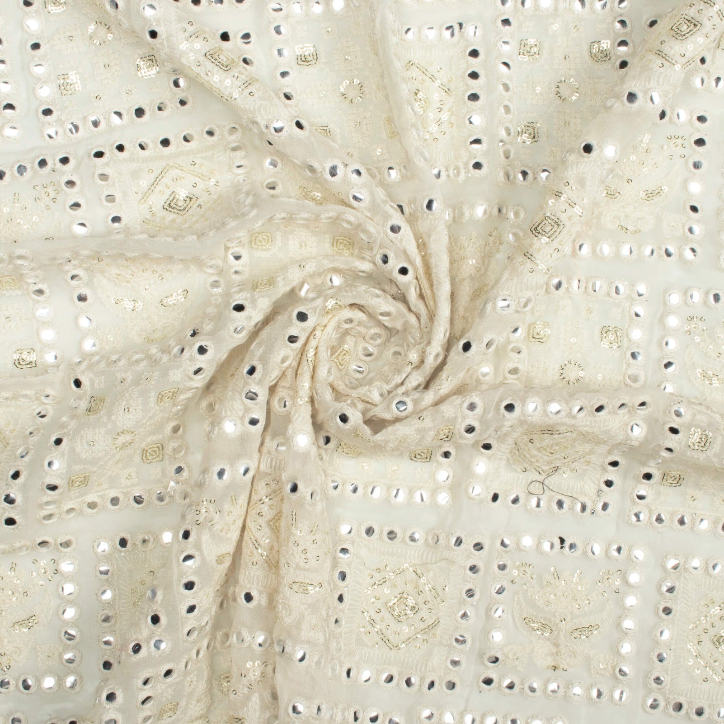 White Traditional Pattern Premium Sequins Embroidery With Foil Mirror Work Dyeable Georgette Fabric