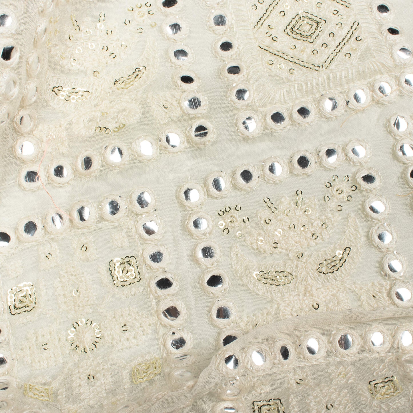 White Traditional Pattern Premium Sequins Embroidery With Foil Mirror Work Dyeable Georgette Fabric