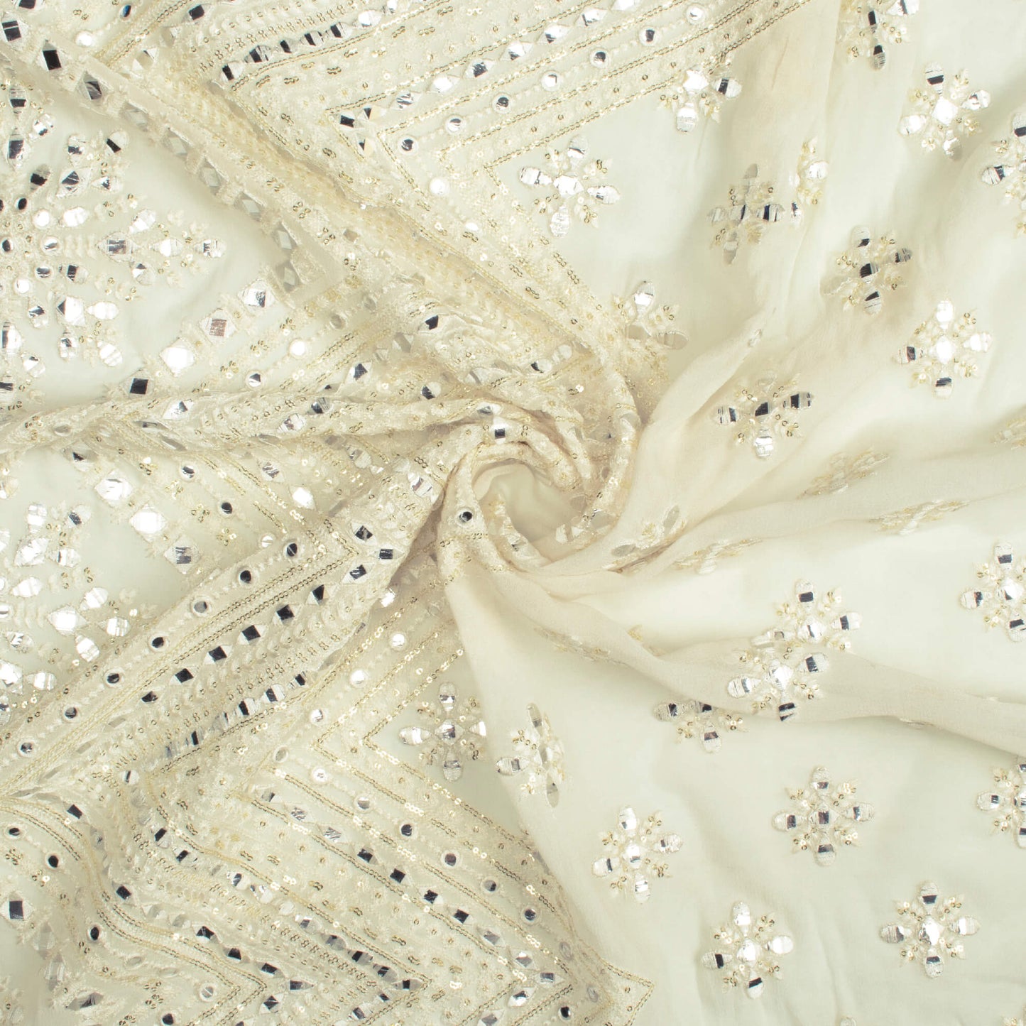 White Traditional Pattern Luxury Sequins Embroidery With Foil Mirror Work Dyeable Georgette Fabric (Width 52 Inches)