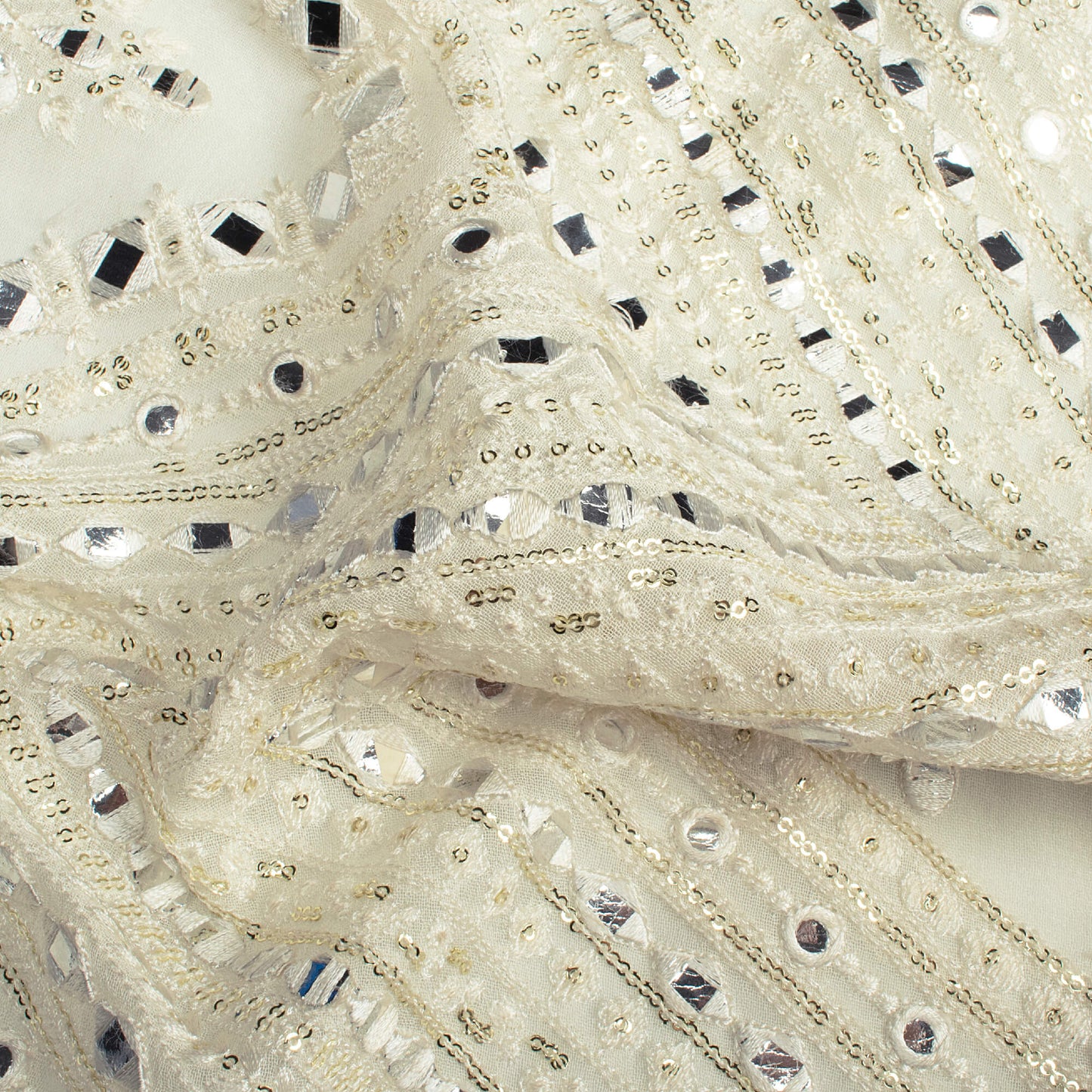White Traditional Pattern Luxury Sequins Embroidery With Foil Mirror Work Dyeable Georgette Fabric (Width 52 Inches)