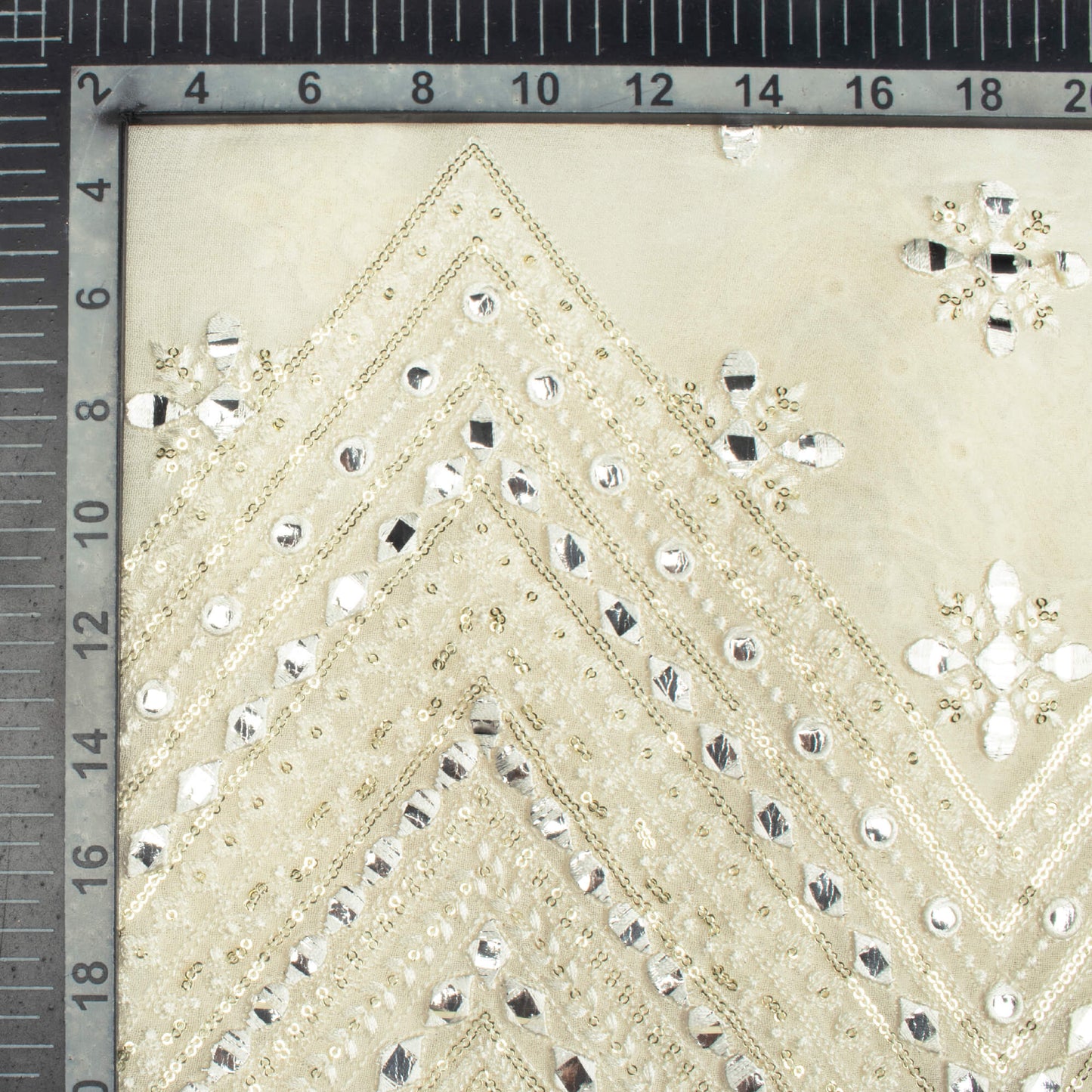 White Traditional Pattern Luxury Sequins Embroidery With Foil Mirror Work Dyeable Georgette Fabric (Width 52 Inches)