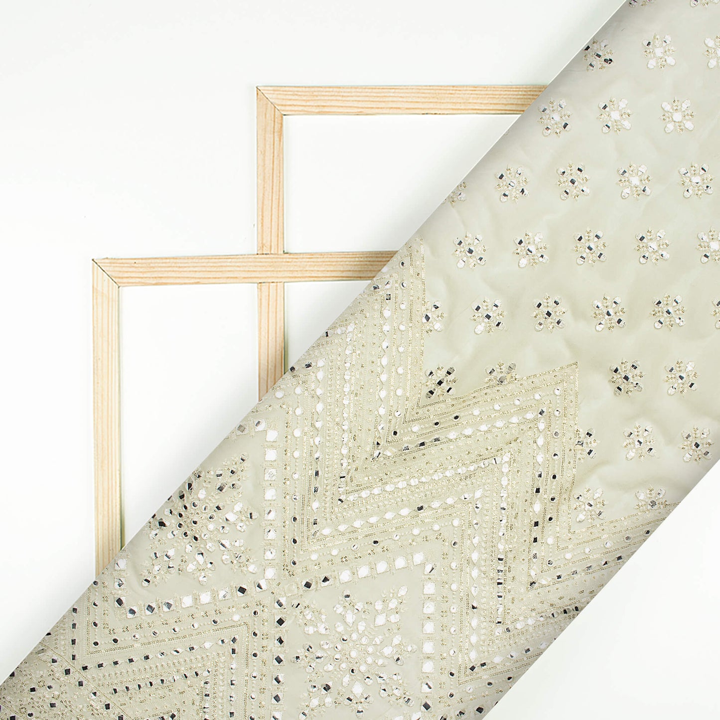 White Traditional Pattern Luxury Sequins Embroidery With Foil Mirror Work Dyeable Georgette Fabric (Width 52 Inches)