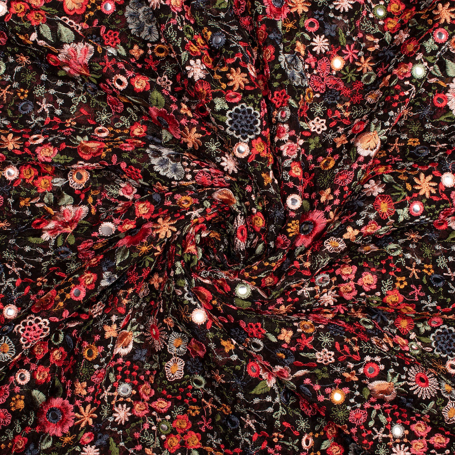 Black And Pink Floral Pattern Luxury Embroidery With Foil Mirror Work Georgette Fabric