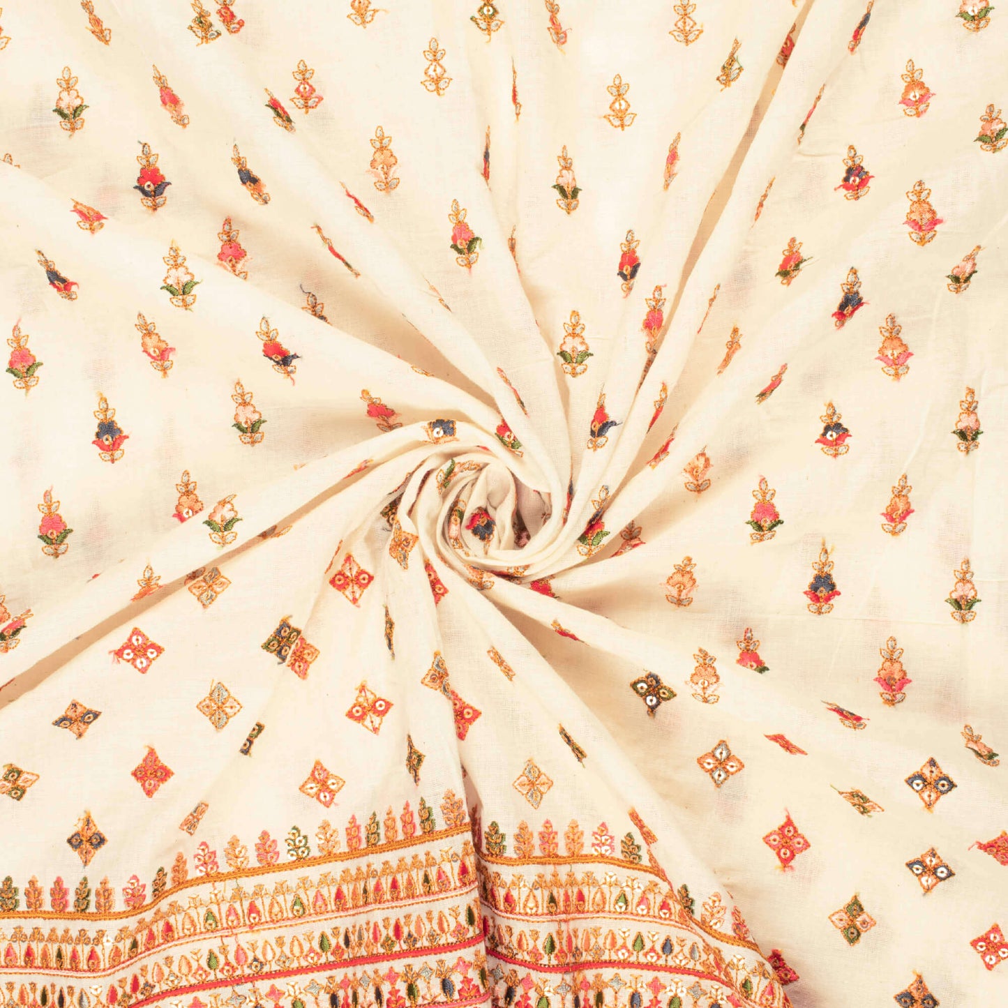 White And Brown Booti Pattern Premium Sequins Embroidery Dyeable Cotton Fabric (Width 52 Inches)