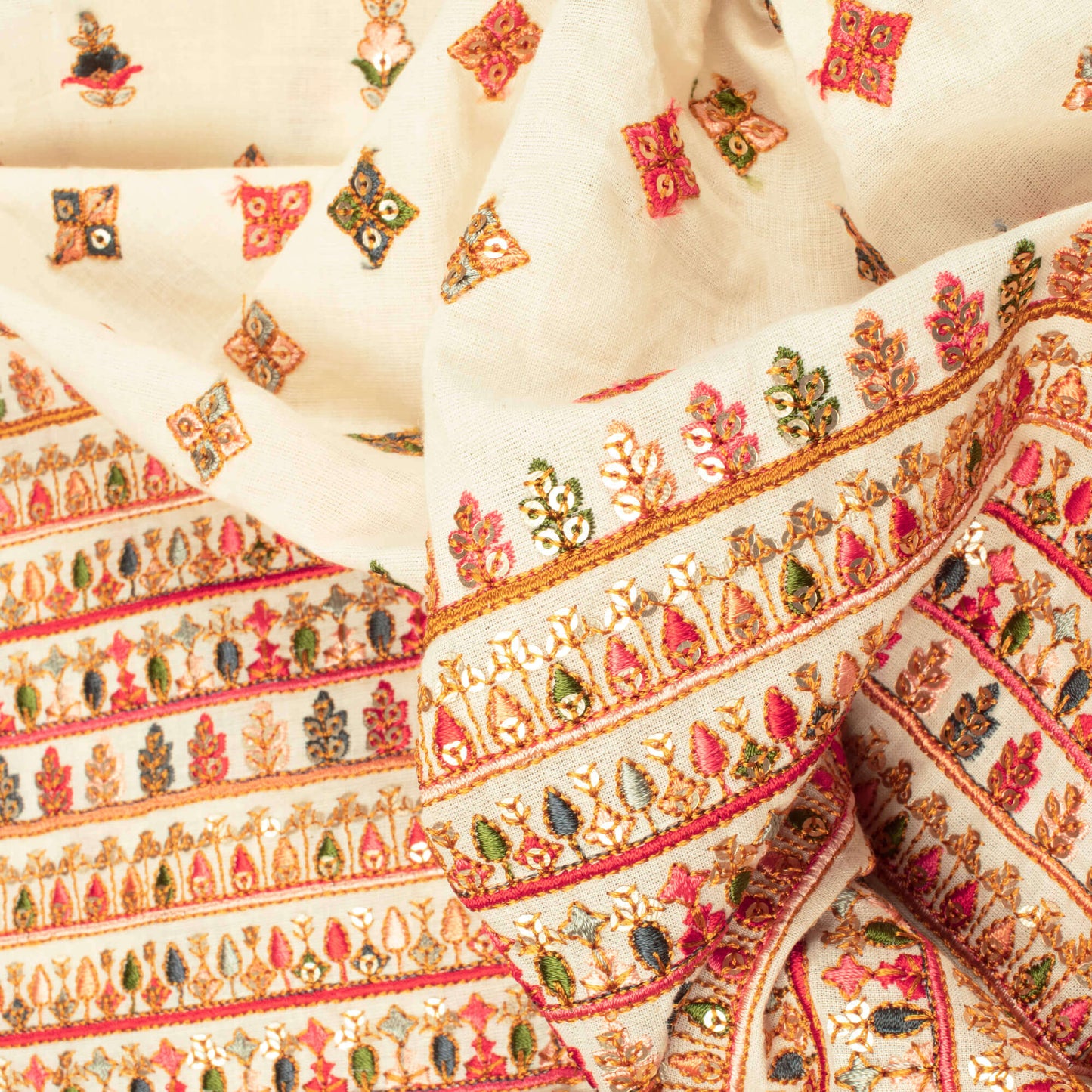White And Brown Booti Pattern Premium Sequins Embroidery Dyeable Cotton Fabric (Width 52 Inches)