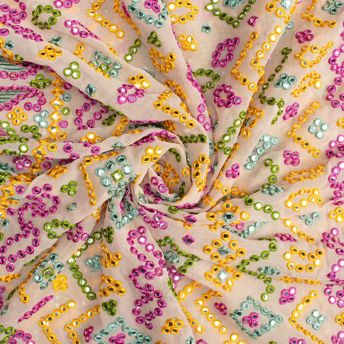 Wheat Brown And Yellow Traditional Pattern Exclusive Embroidery With Foil Mirror Work Georgette Fabric (Width 52 Inches)