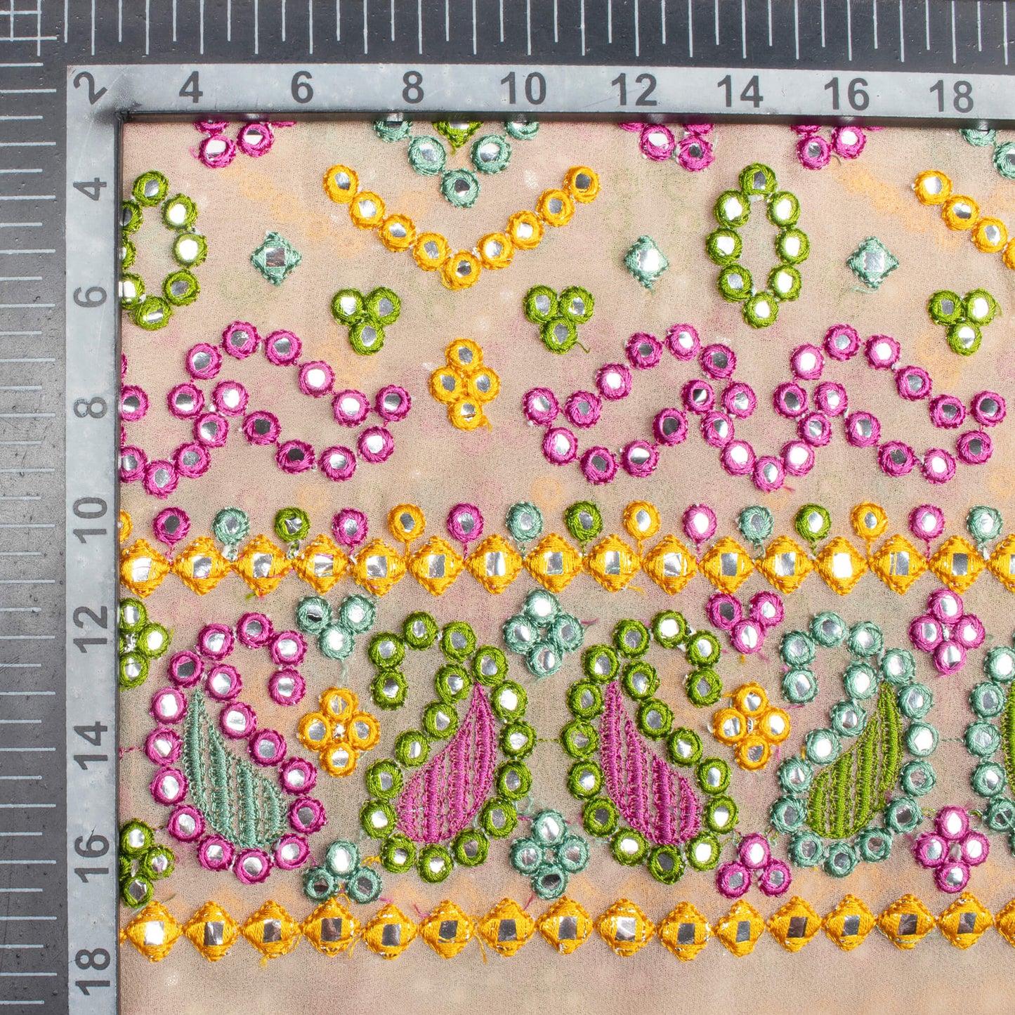 Wheat Brown And Yellow Traditional Pattern Exclusive Embroidery With Foil Mirror Work Georgette Fabric (Width 52 Inches)
