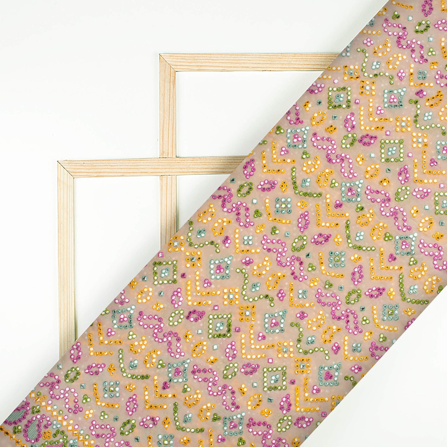 Wheat Brown And Yellow Traditional Pattern Exclusive Embroidery With Foil Mirror Work Georgette Fabric (Width 52 Inches)