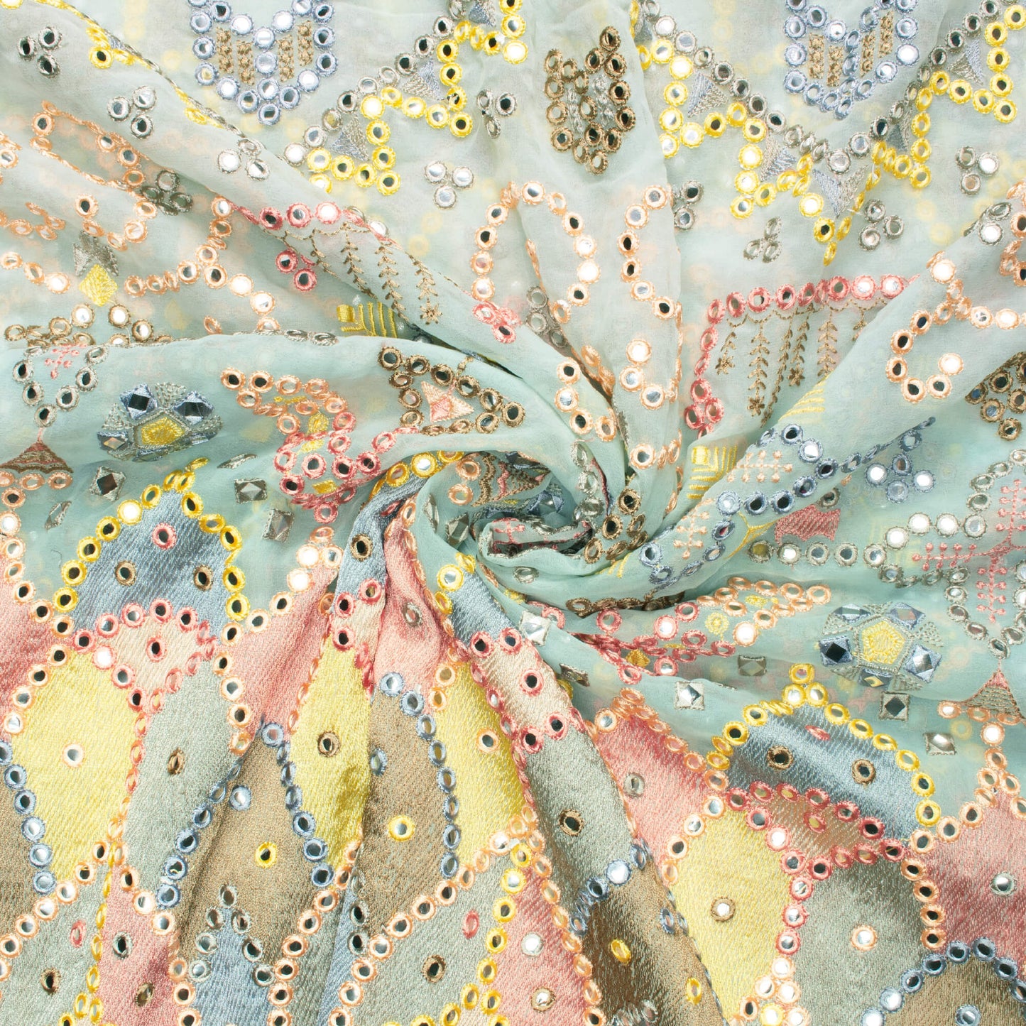 Pale Blue And Peach Traditional Pattern Exclusive Embroidery With Foil Mirror Work Georgette Fabric (Width 54 Inches)