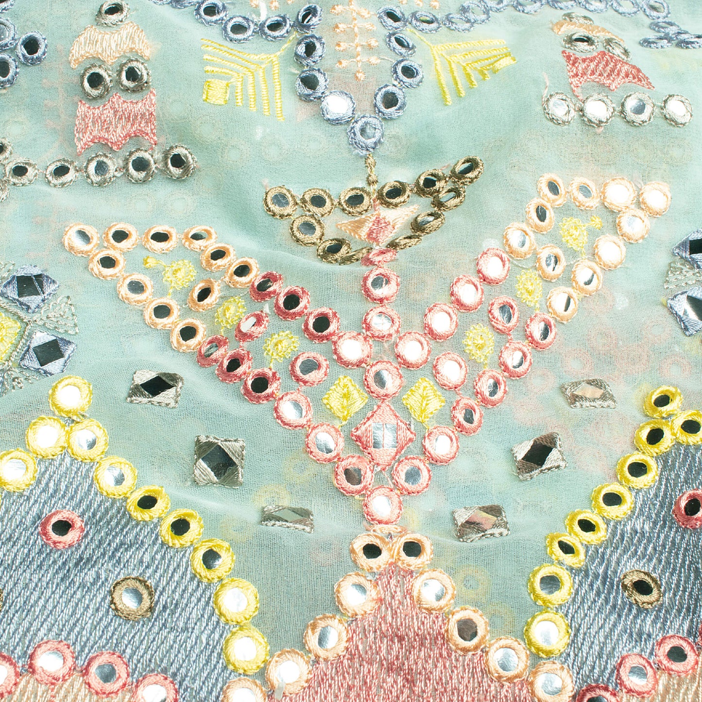 Pale Blue And Peach Traditional Pattern Exclusive Embroidery With Foil Mirror Work Georgette Fabric (Width 54 Inches)
