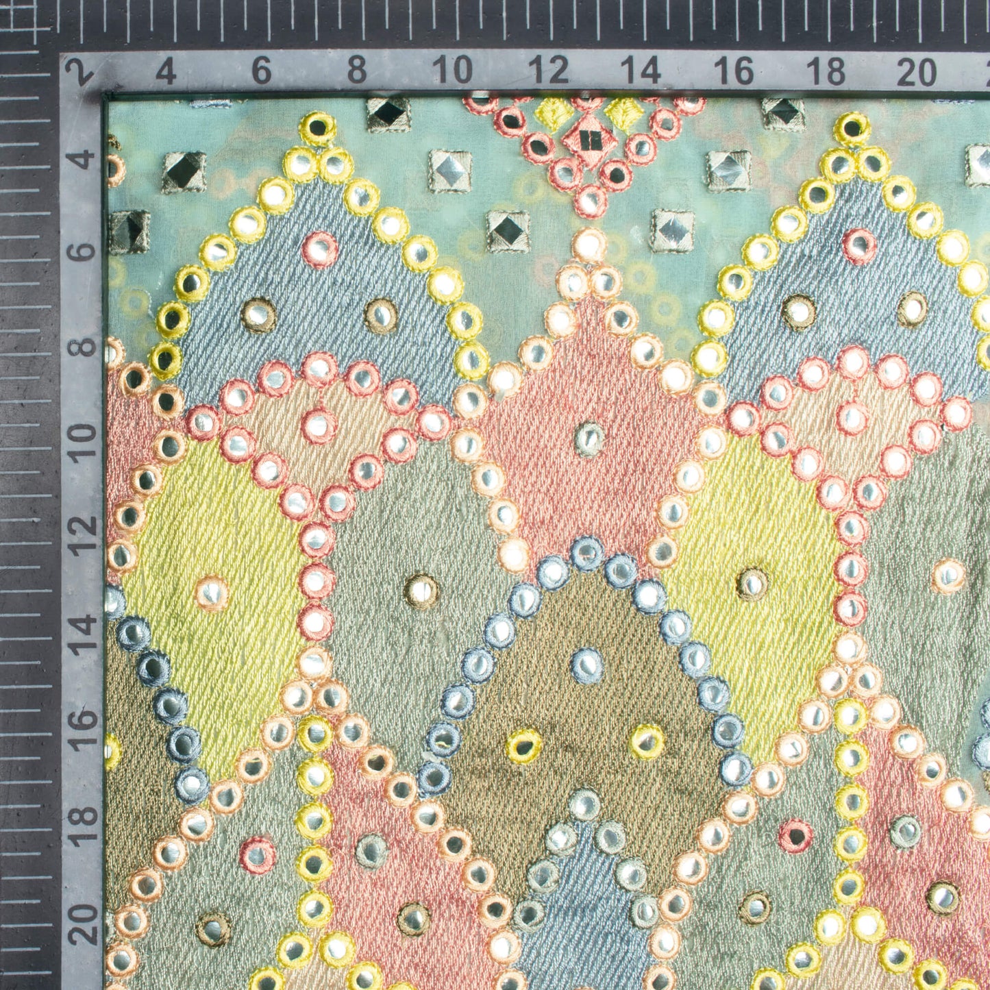 Pale Blue And Peach Traditional Pattern Exclusive Embroidery With Foil Mirror Work Georgette Fabric (Width 54 Inches)