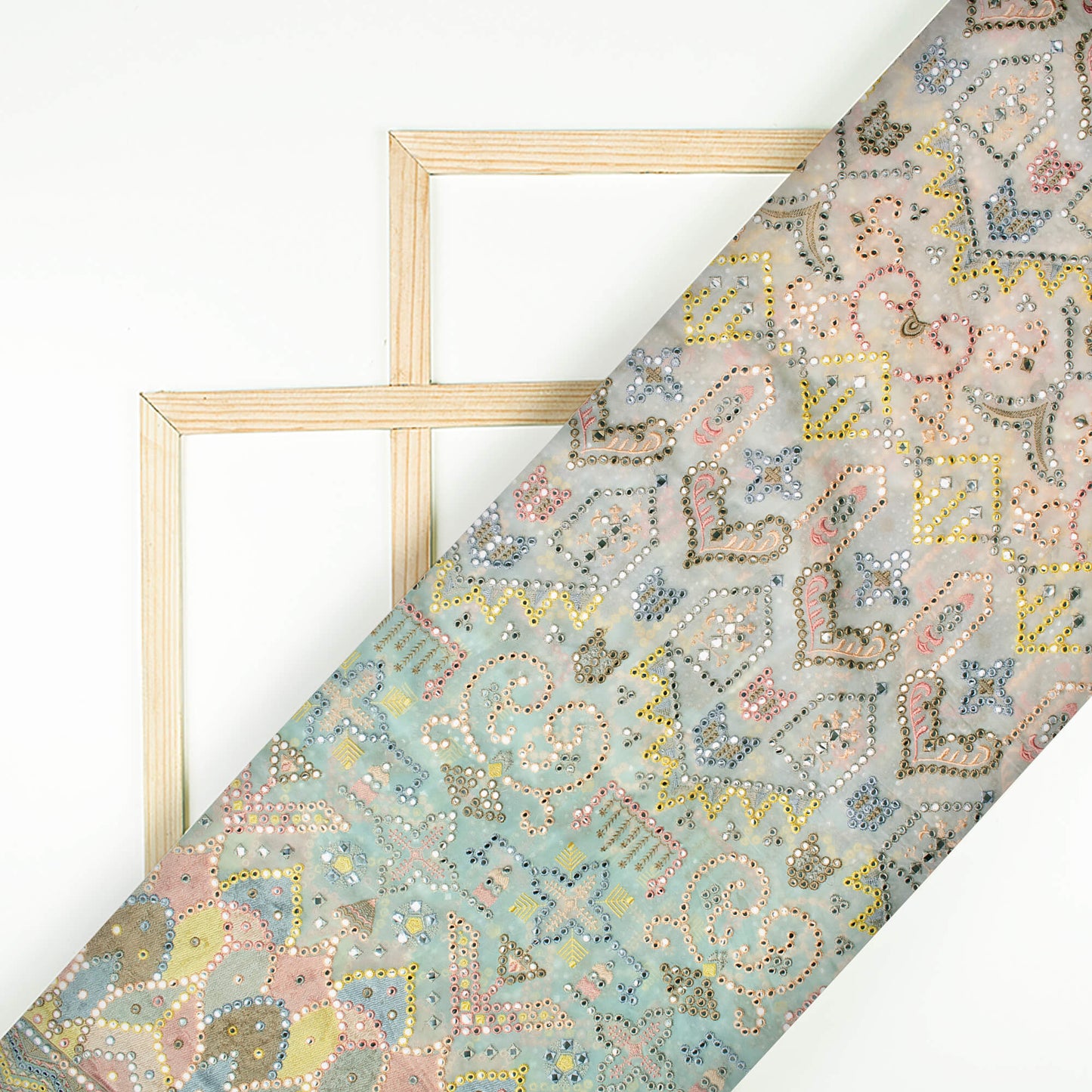 Pale Blue And Peach Traditional Pattern Exclusive Embroidery With Foil Mirror Work Georgette Fabric (Width 54 Inches)