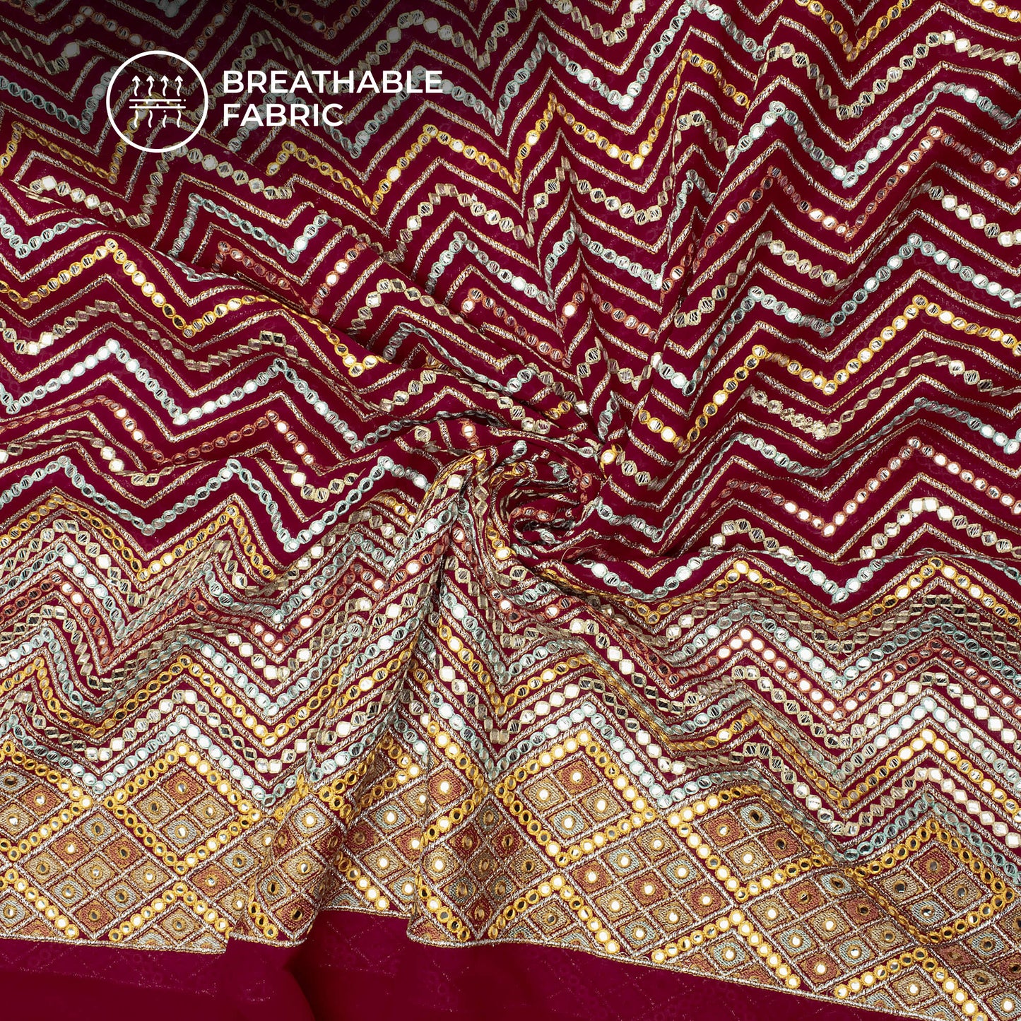 Delightfull Chevron Foil Mirror Embroidery On Georgette Fabric