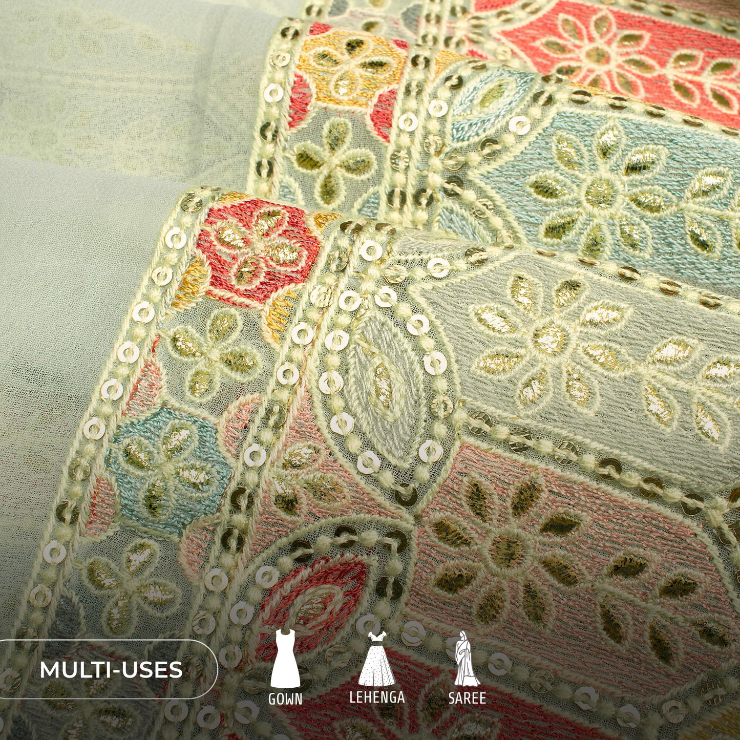 Elegent Trellis Foil Mirror Embroidery On Georgette Fabric