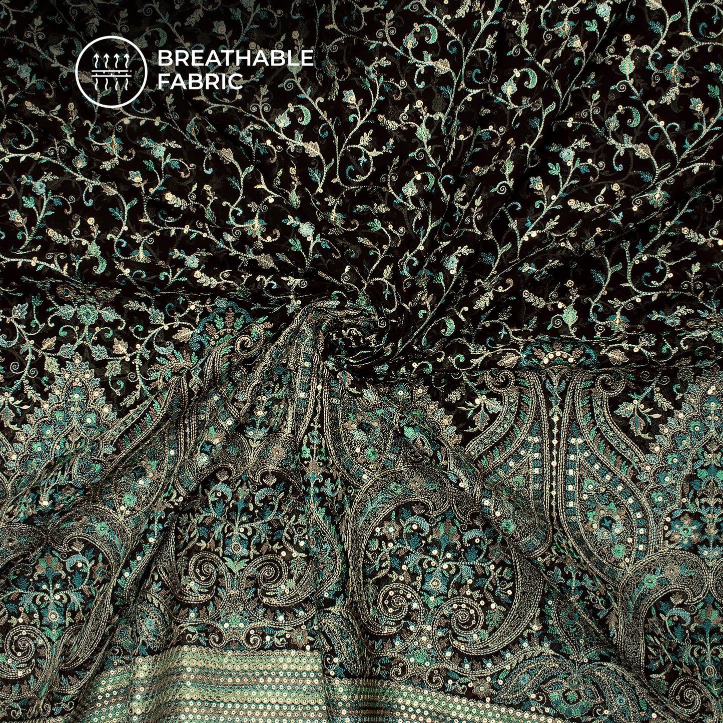 Heavy Kashmiri Work With Gold Sequins Embroidery On Black Georgette Fabric
